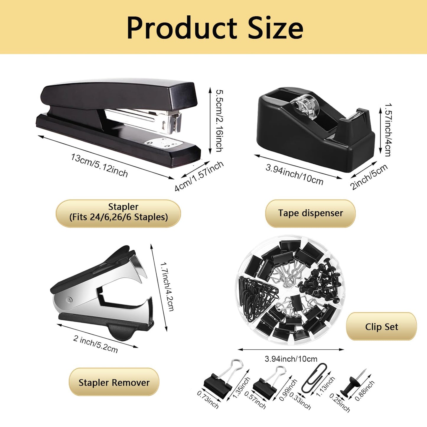 Office Supplies,Black Desk Accessories,Office Supplies Set,Stapler and Tape Dispenser Set,Scissors,Staple Remover,Binder Clips,Staples,Ballpoint Pen,Index Tabs with Ruler,Clear Tape.9pcs for Office