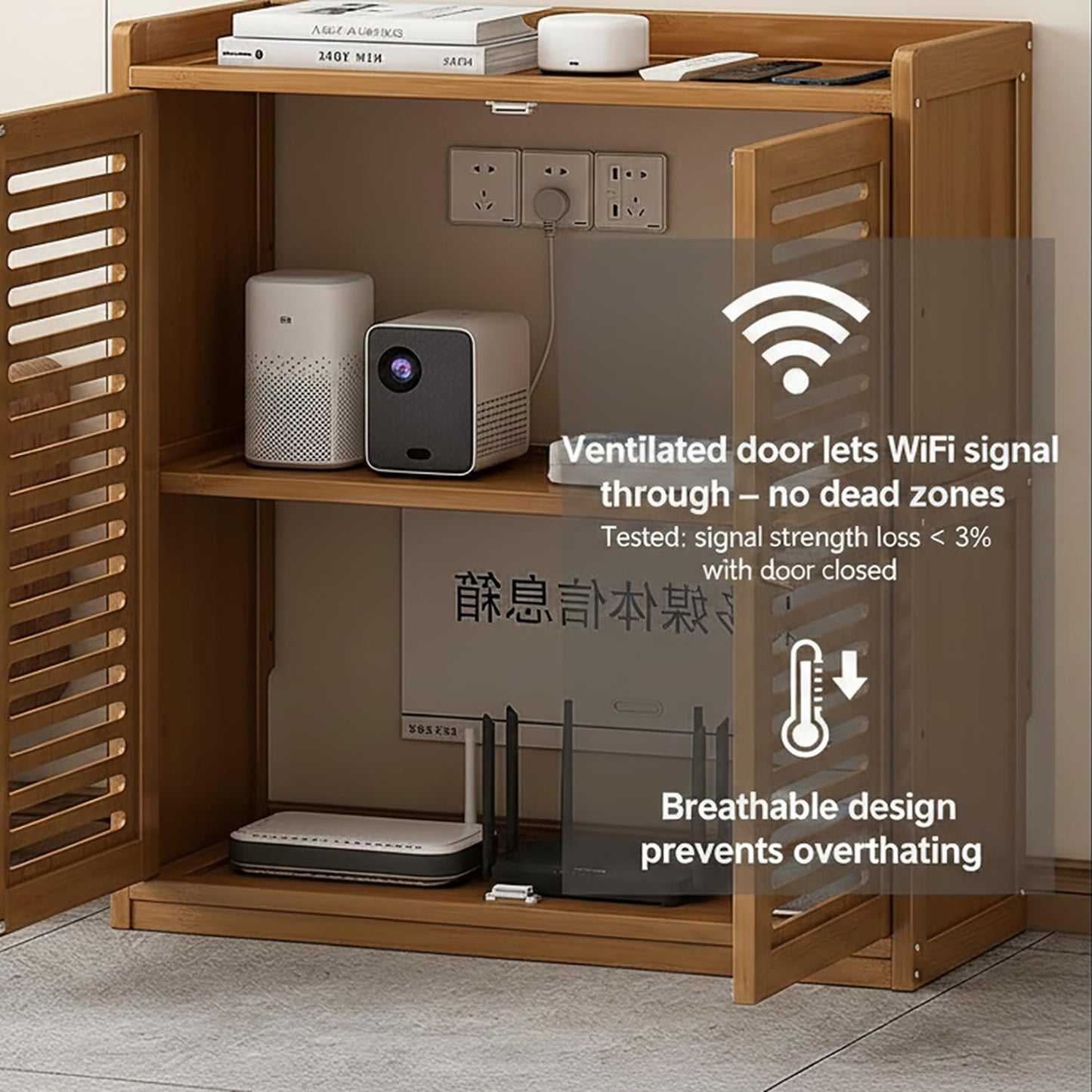 GODNOEI WiFi Router Storage Cabinet Floor Standing Modem Box, Multifunctional Concealment Organizer Wall Mountable for Home Office Living Room