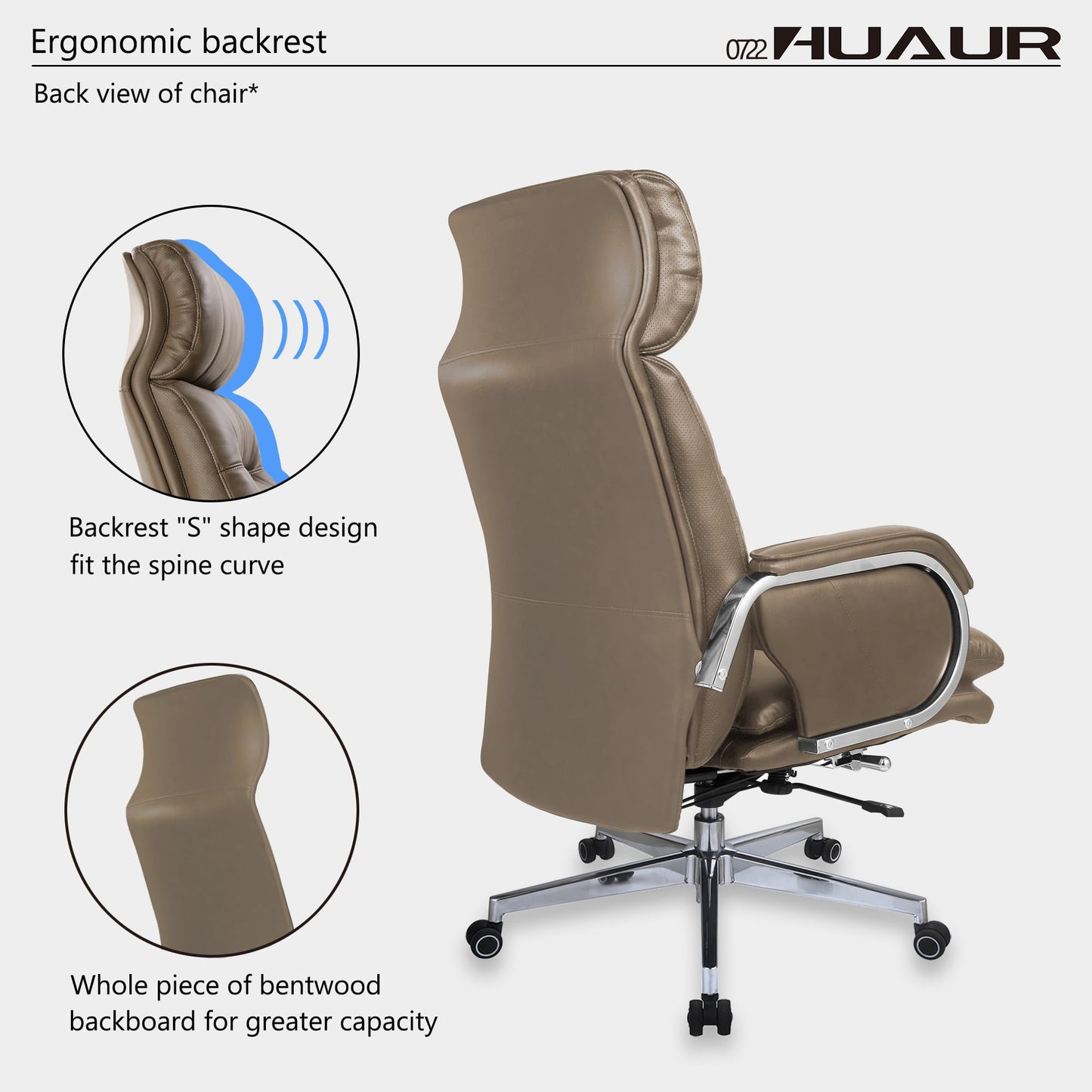 HUAUR Genuine Leather Modern Executive Chair High-Back Support 90 to 150 Degrees Tilt and Upholstered Home Desk Chair with Base 400LB Capacity Swivel Computer Office Chair (Taupe)