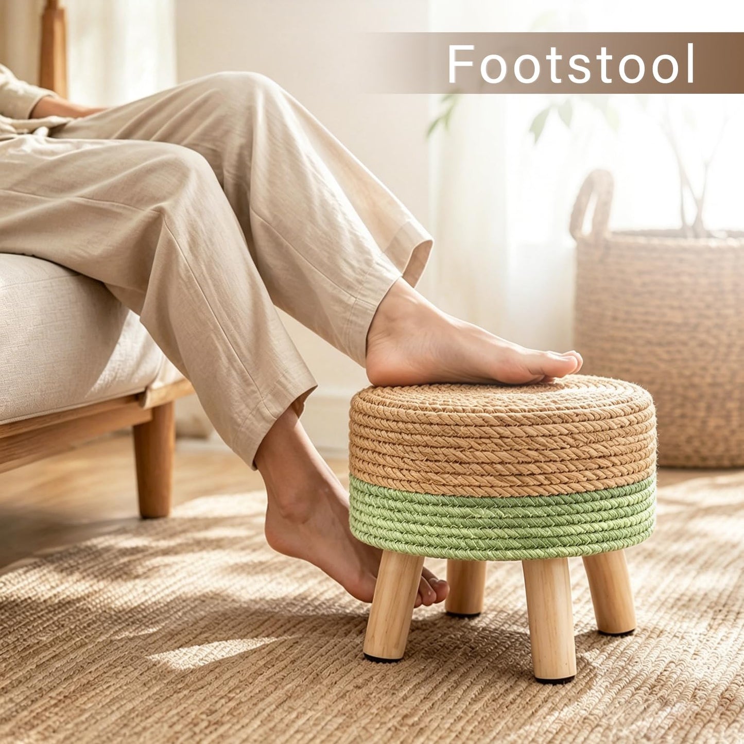 Wimarsbon Round Foot Stool Natural Seagrass Poufs Ottoman Hand Weave Footrest Stool for Couch Desk Extra Seat Step Stool with Solid Wood Legs for Hallway Patio Lounge Green