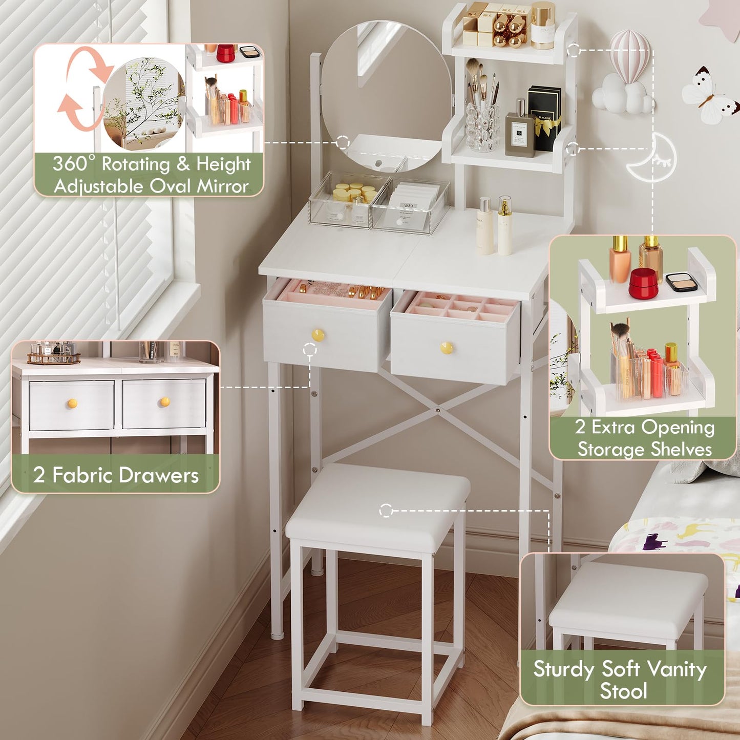 19.7"W Small Vanity Desk with Mirror & Chair, Mini Cute Makeup Vanity Table Set with 2 Fabric Storage Drawers Opening Shelves, Compact Vanity Desk for Kids Girls Gifts, Bedroom & Small Spaces, White
