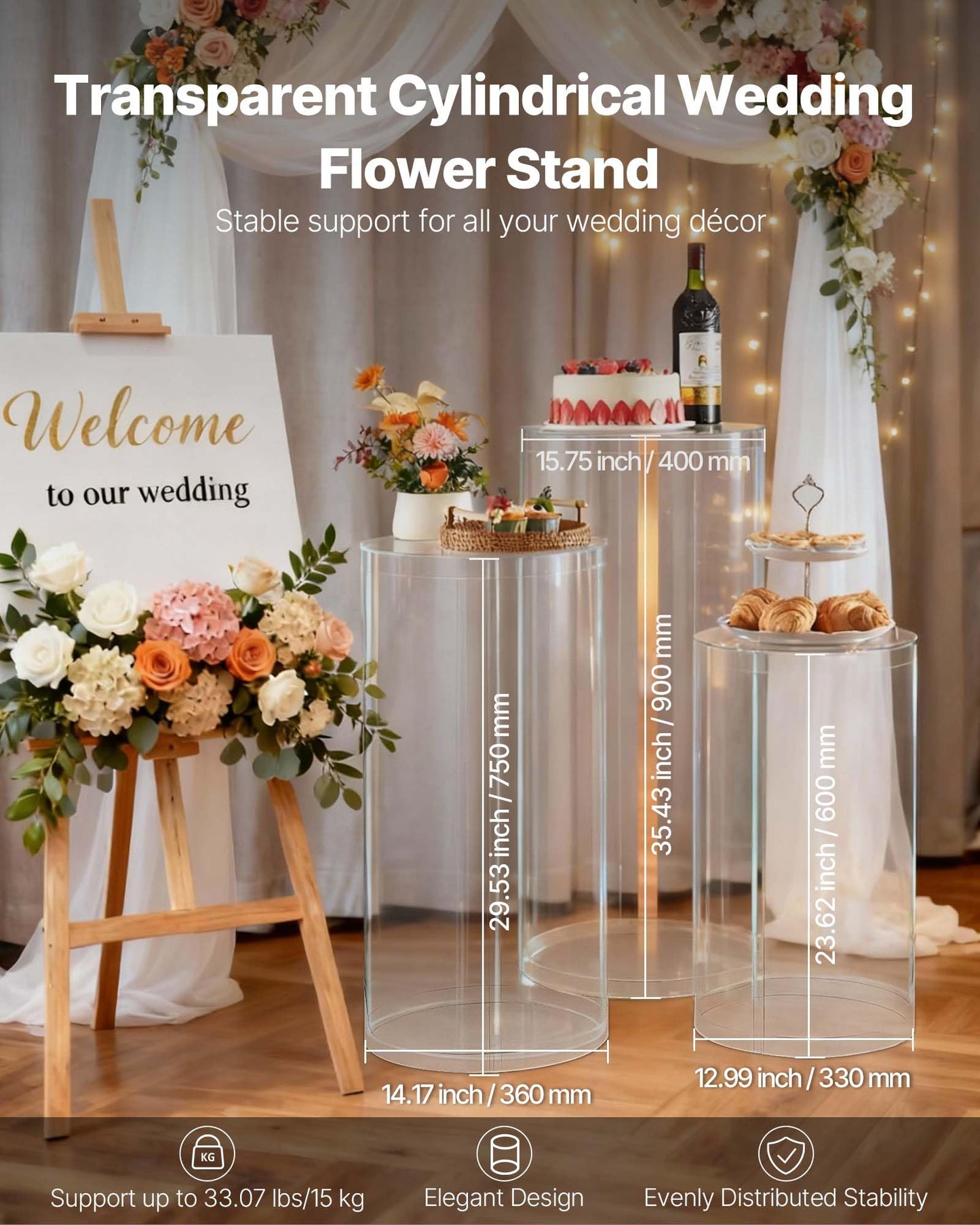 VEVOR Wedding Flower Stand, 3PCS 23.62/29.53/35.43 inch Round Cylinder Plinth, Clear Pedestal Stand with Transparent Acrylic Lid, Cylindrical Pedestal Stands for Wedding, Party, Birthday, Art Decor