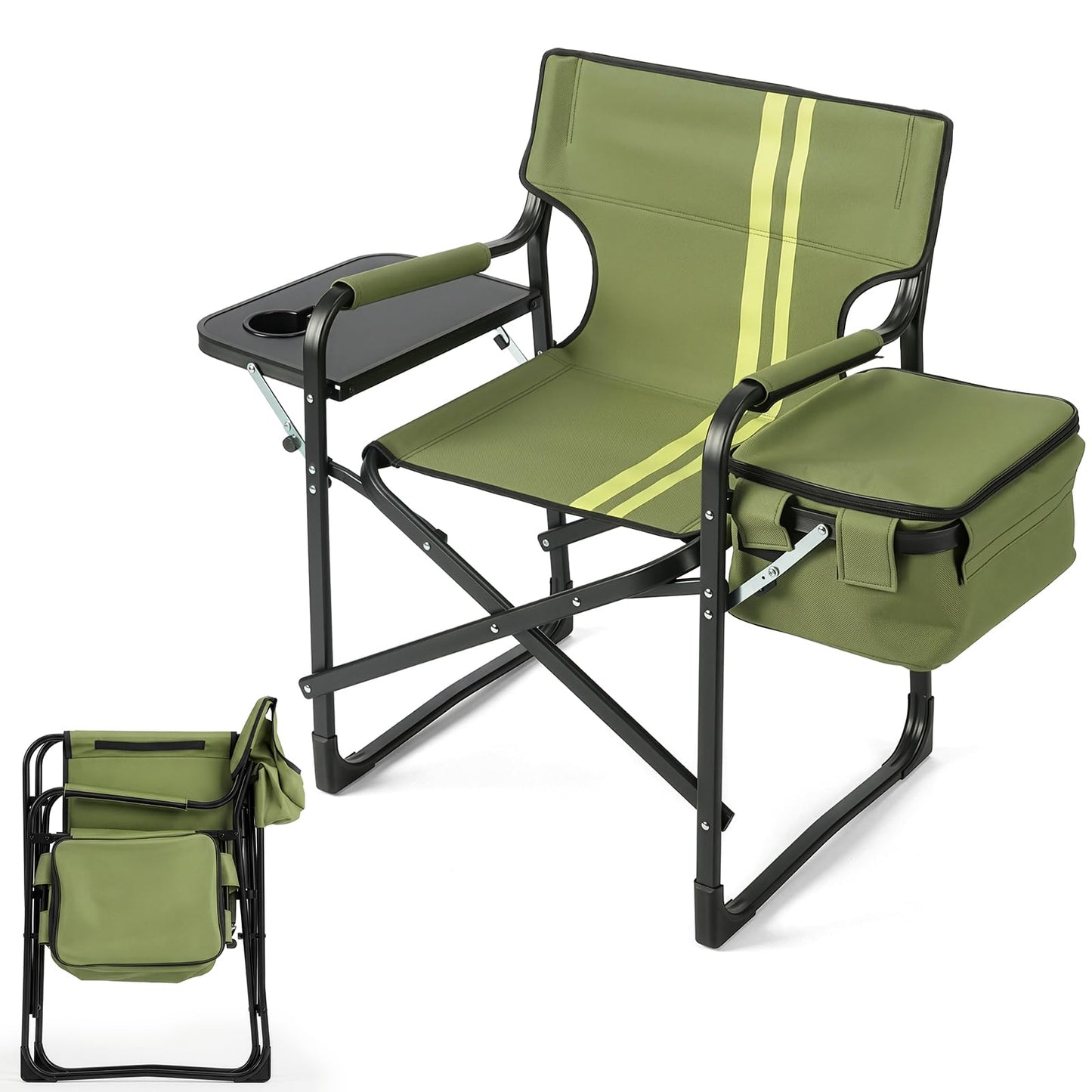 Outvita Heavy Duty Folding Camping Director Chair with Insulated Cooler Bag, Side Table & Cup Holder, 300LBS Sturdy Portable Chair for Camping Fishing Tailgating Backyard BBQ