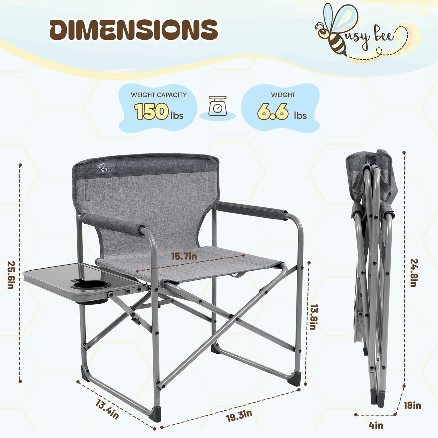 Busy Bee Kids Director Camping Chair with Foldable Side Table, Lightweight, Flat Folding, Compact and Portable, Perfect Kid Beach Chairs, Supports 150 Lbs.