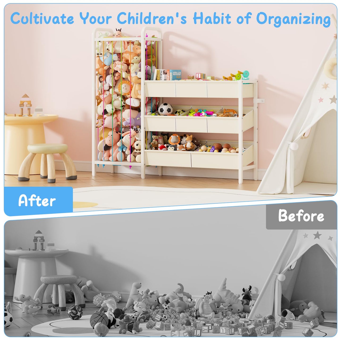 CYXPHION B6 Toy Storage Organizer with Stuffed Animal Storage, 3-Tier Wooden Shelves and 8 Bins, Toy Shelf Organizer, Kids Bookshelf and Toy Storage for Kids Room, Bedroom, Playroom, Nursery, White