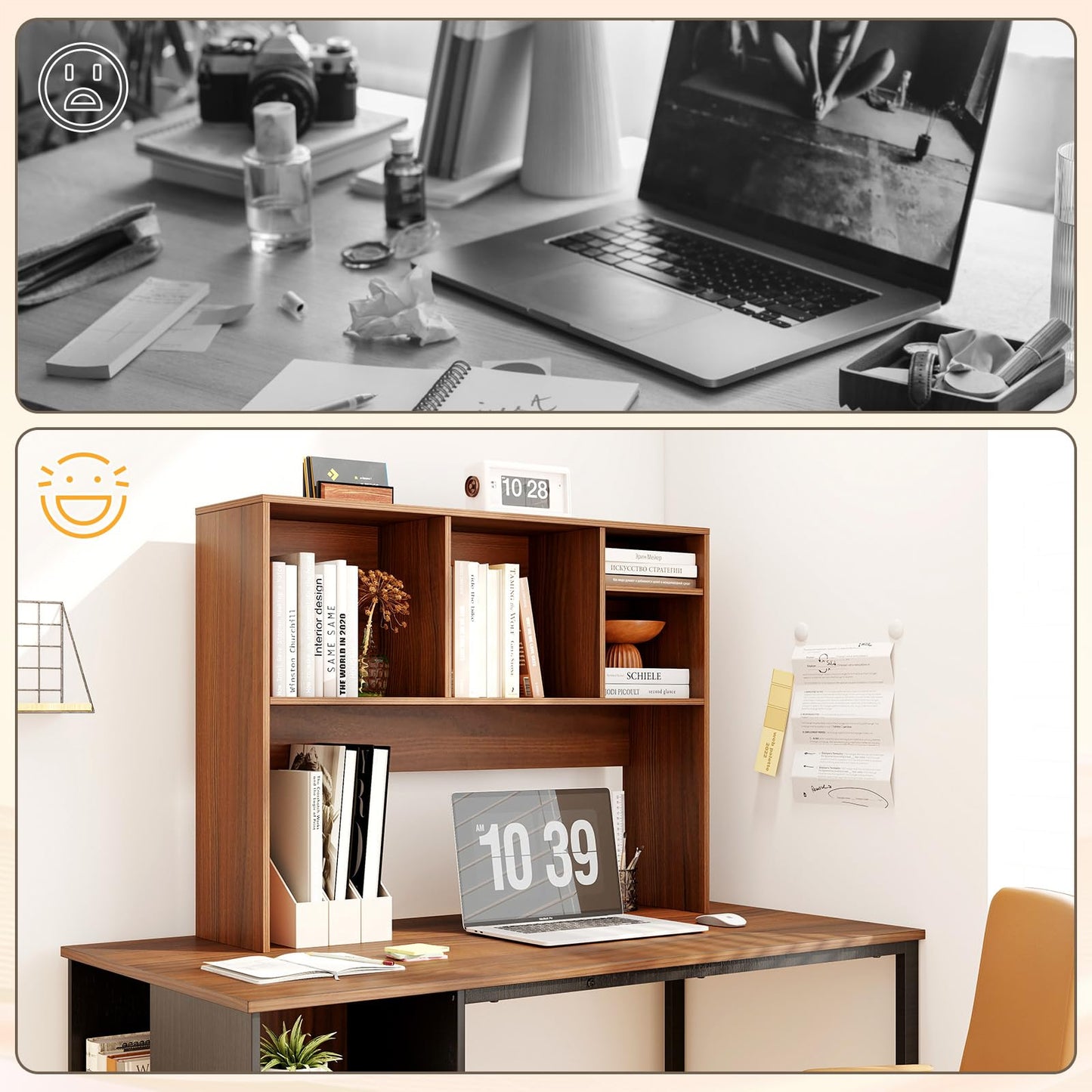 Tangkula Desktop Bookshelf, Countertop Storage Hutch with 4 Shelves for Computer Desk, Desktop 2-Tier Display Rack, Multipurpose Wood Desk Hutch Storage Organizer for Dorm Office Home (Walnut)