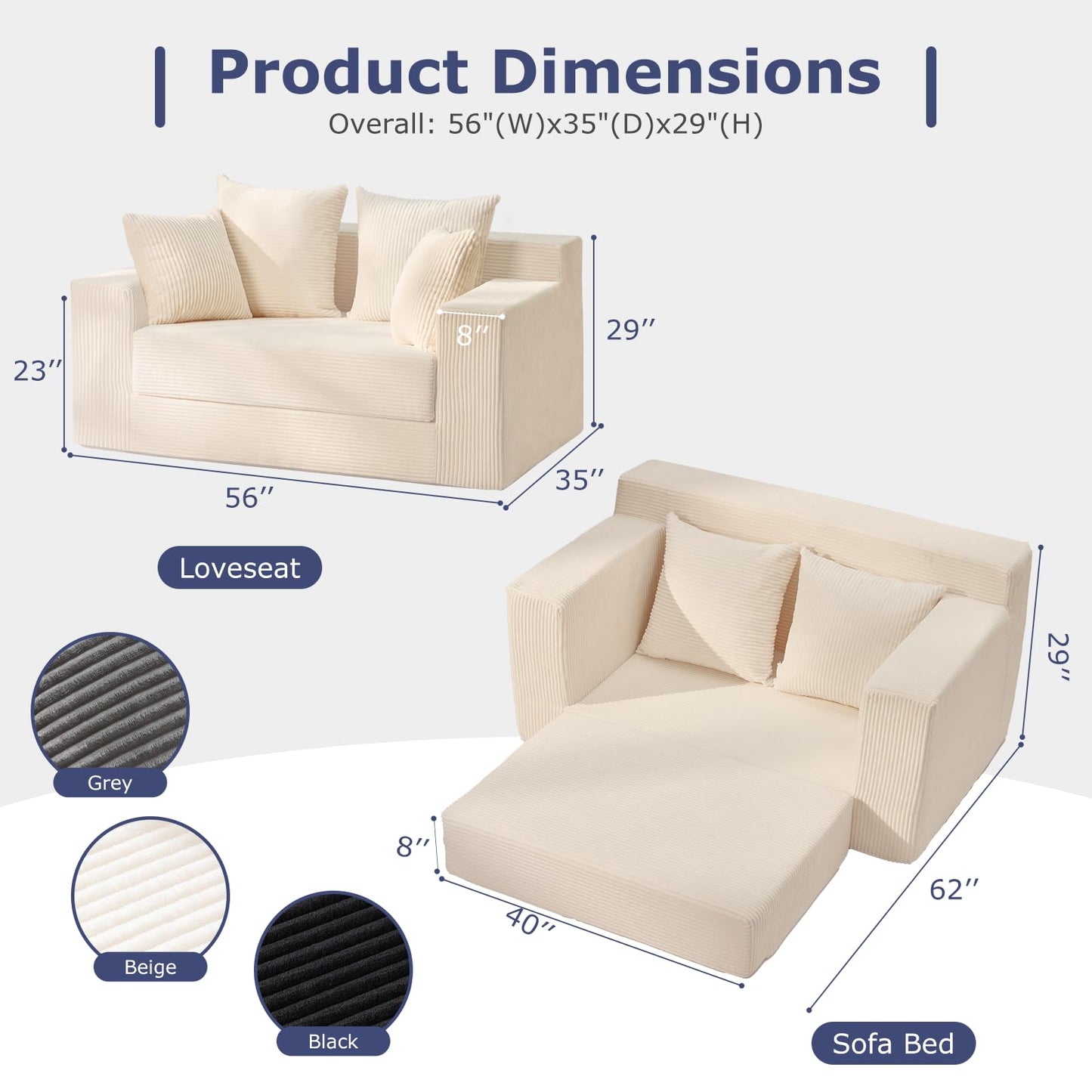 feliz home Convertible Sofa Bed, Boneless Couch Loveseat, 2 in 1 Folding Couch Bed, Fold Out Comfy Floor Futon Sofa with 4 Pillows for Living Room Bedroom, Beige