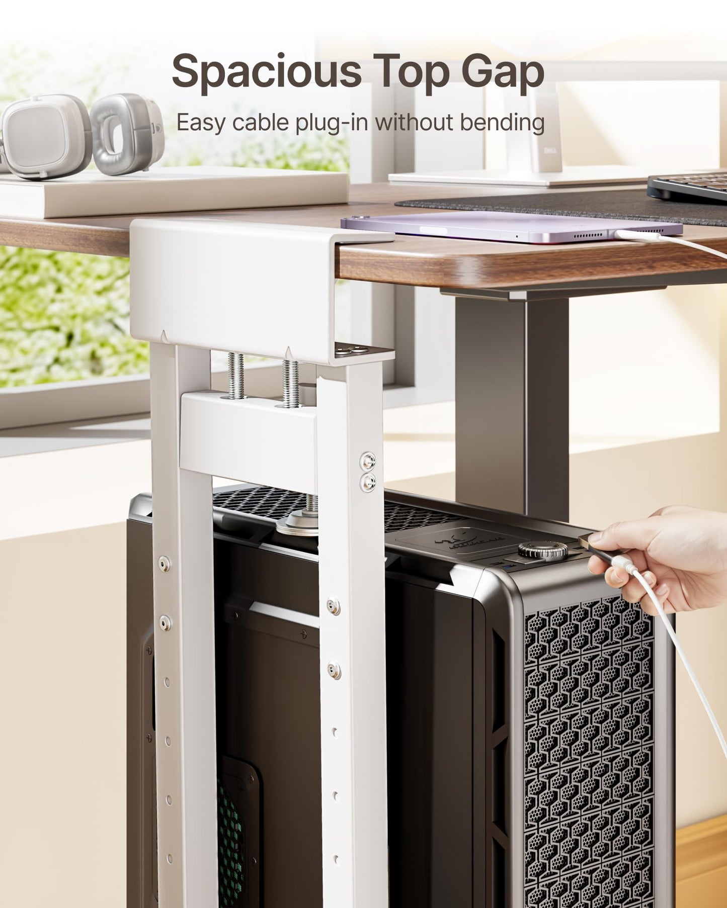 monTEK No Drill CPU Holder, Clamp-On Heavy Duty Steel Mount with Ventilated Cooling Design for Standing Desk & Home Office, Fits Most Cases 16.1"-25.6" H, 66 lbs, White