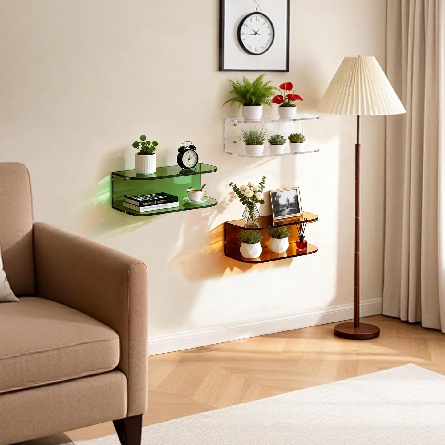 Dewrhiixe Acrylic Floating Nightstand, Wall Mounted Bedside Table Shelf (Clear, 15.7”×9.4“×5.9”)