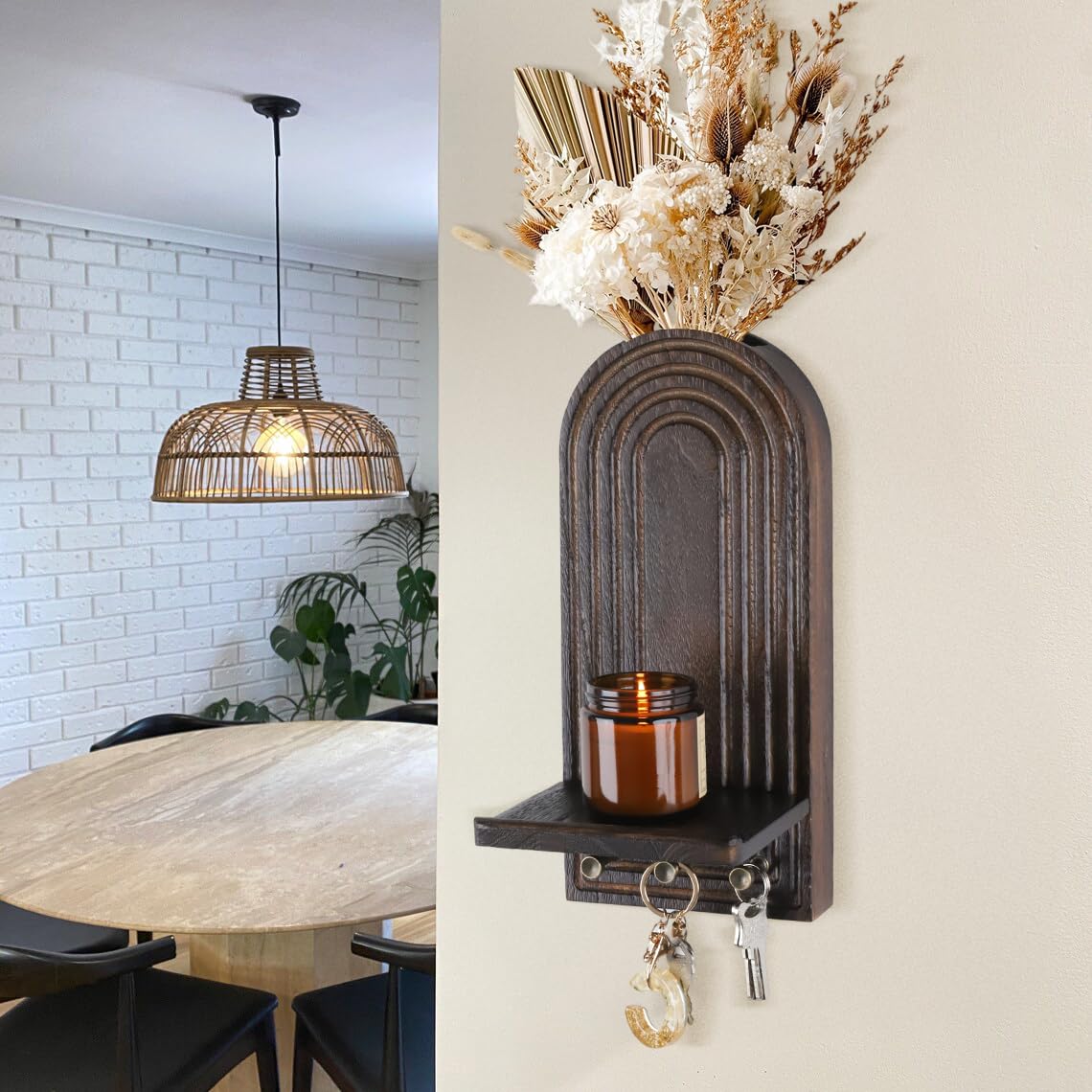 3-in-1 Wooden Wall Organizer - Planter Vase + Candle Sconces + Hooks (No Dried Flower)- Farmhouse Hanging Decor Boho Wall Art for Indoor Plants Artificial Eucalyptus for Living Room Bedroom Brown