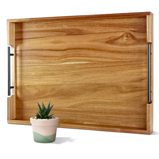 22 inches Acacia Wood Rectangular Ottoman Serving Tray with Metal Handles