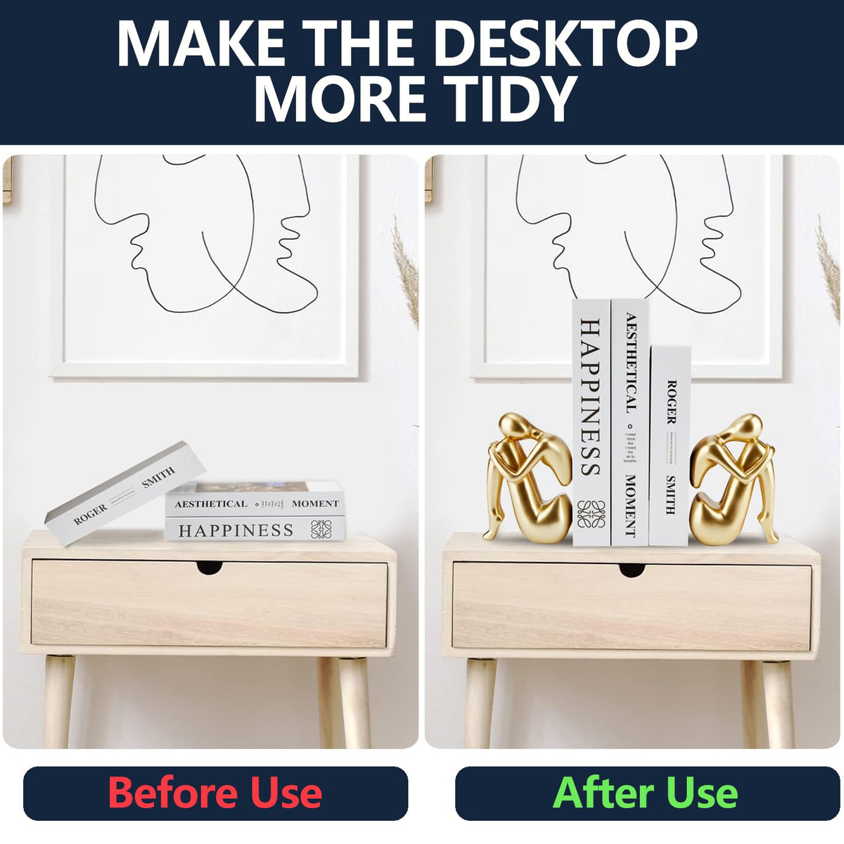 Xmeden Gold Bookends Book Ends, Unique Decorative Girl Thinker Design,Non-Slip Home Office Bookshelf Decor, Modern Book Holder for Shelves, Heavy Duty Resin Book Stopper for Books,1Pair/2Piece