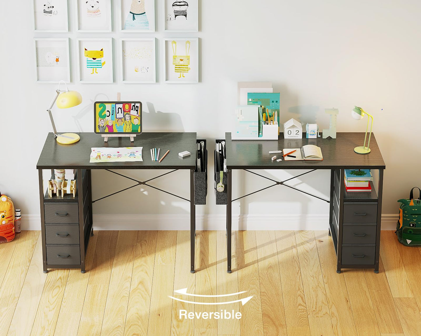 AODK 32 Inch Small Computer Desk with Fabric Drawers, Kids Study Desk for Bedroom, Home Office Desk with Storage Shelf & Bag for Small Space, Black