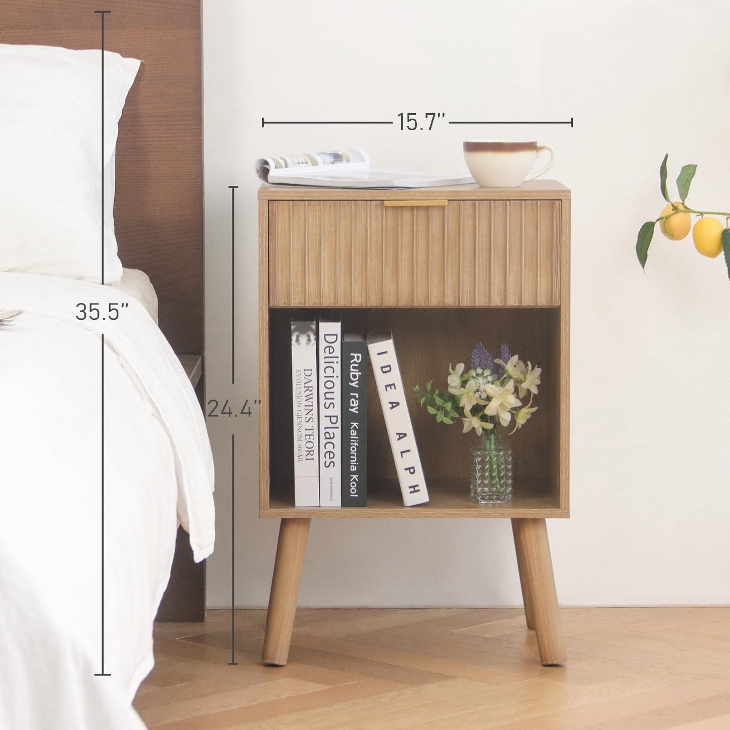Fultyle Night Stand with Drawer, Mid Century Nightstand with Storage, Modern Fluted Bedside Table Bedroom Living Room for Small Space, Office (Rustic Walnut)