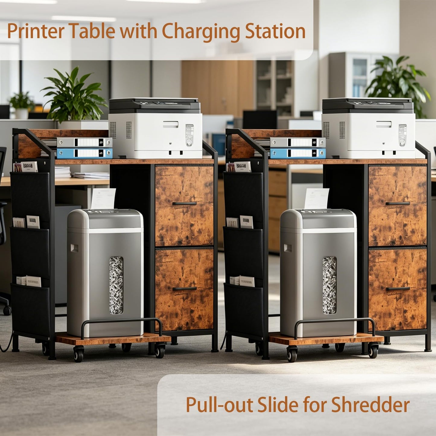 WODRAWER Printer Stand with Fabric Drawers, Lateral Office Filing Cabinets with Power outlets & USB Charging Port, File Cabinet with Large Printer Stands for Home Office, Shredder Stand (Rustic Brown)