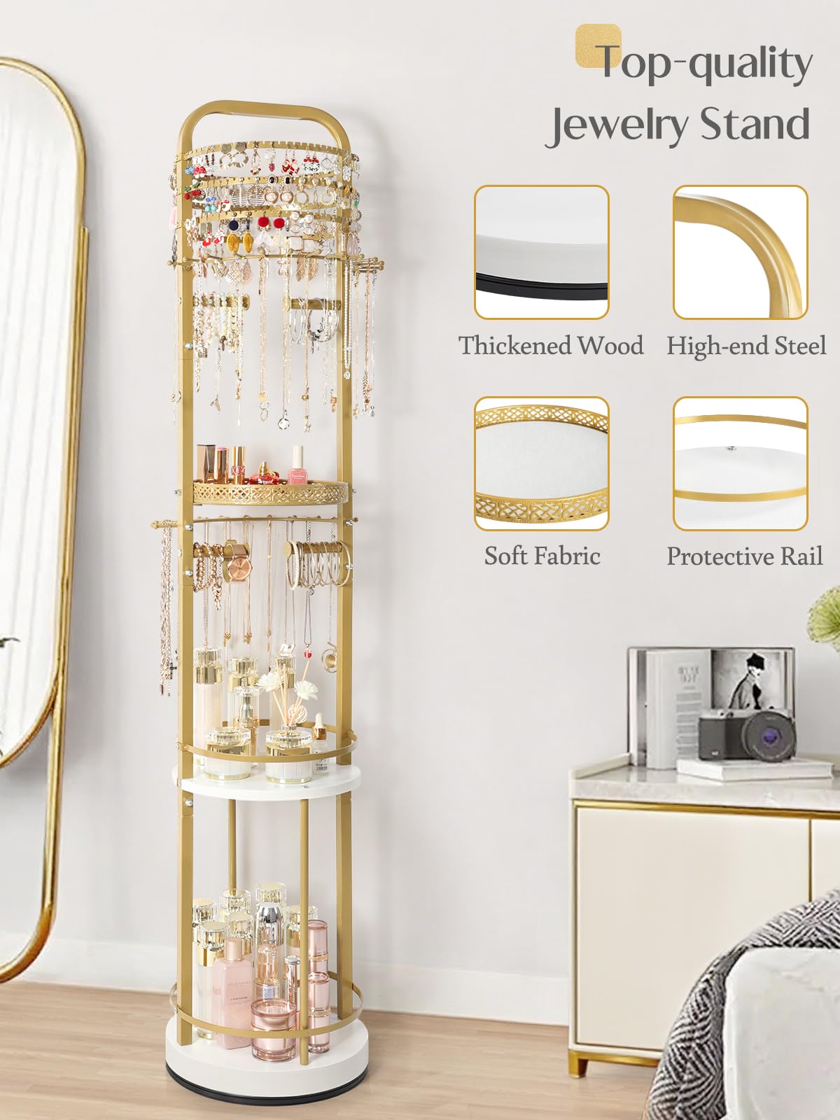 Jewelry Holder Organizer, Floor Jewelry Organizer with Earring Organizer Necklace Holder, Rotating Jewelry Stand Necklace Display Earring Storage, Large Hanging Jewelry Tree for Jewlery Bracelet Ring