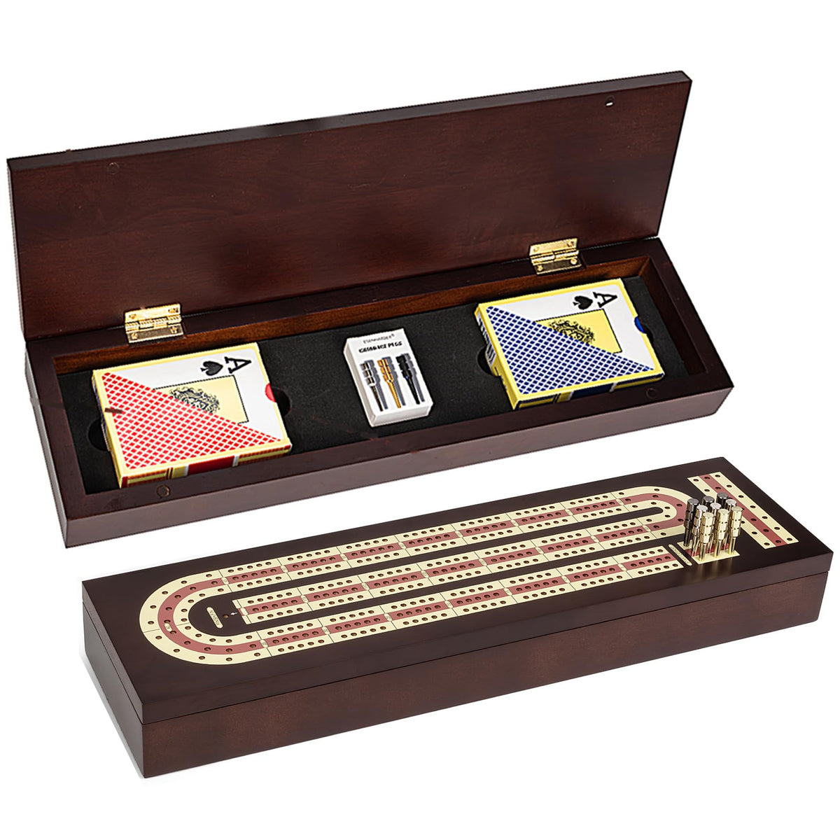 ESENHARBER Cribbage Board Game Set, Premium Wooden Board with Magnetic Lock and Metal Pegs, 2 Playing Cards, and Large Storage - Travel-Friendly Continuous 3 Track Board