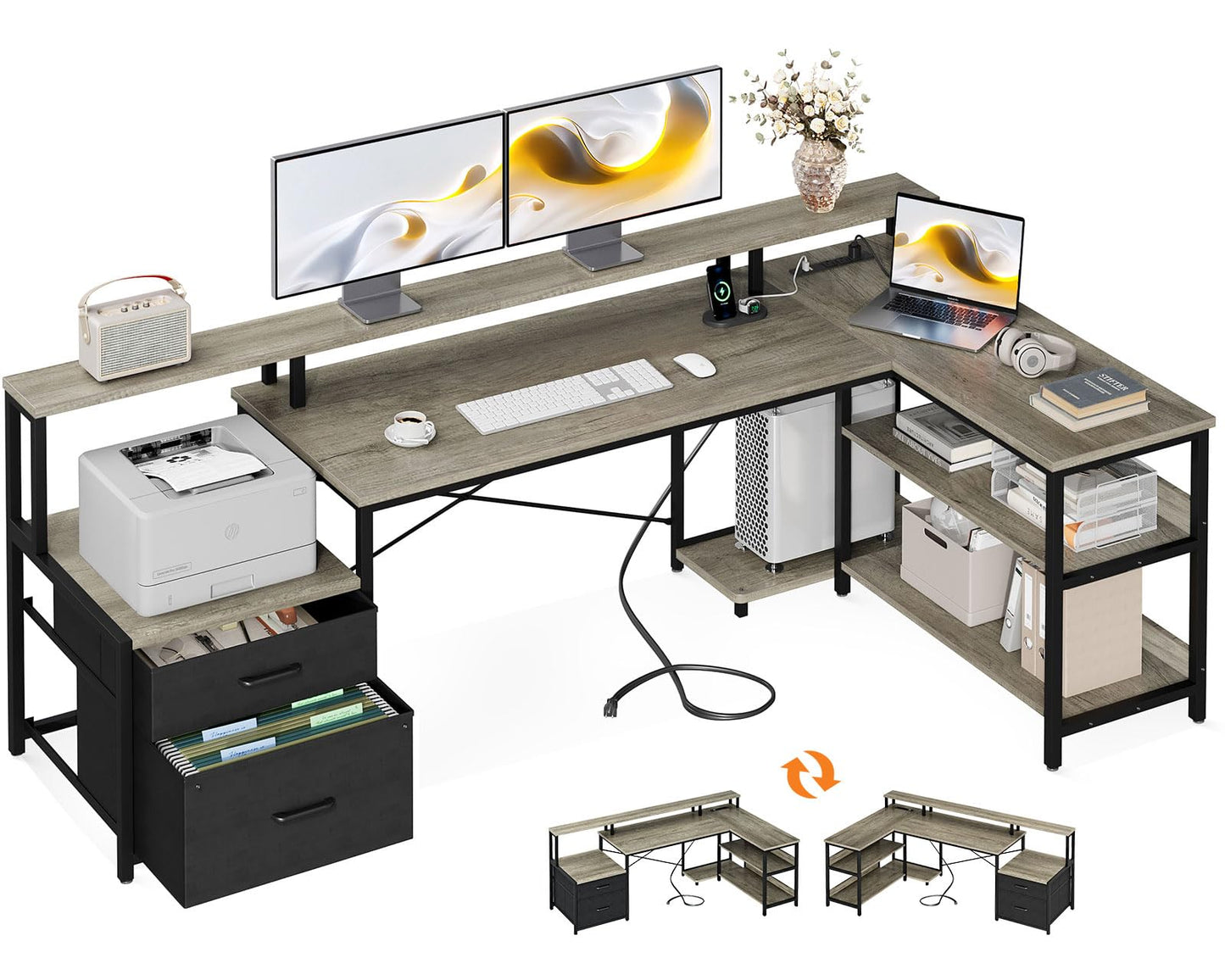 ODK 75" L Shaped Desk with File Drawers, Work from Home Office Desk with Power Outlet, Reversible Computer Desk with Storage Shelves, Gaming Desk with Monitor Shelf, Corner WFM Table, Grey Oak