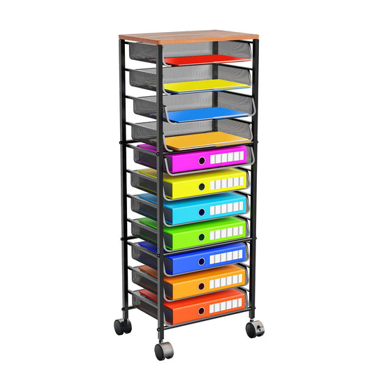 Simple Trending 12-Tier Rolling File Cart, Desk File Organizer with 11 Mesh Sliding Trays, Letter & Legal Paper Storage Rolling Utility Cart for Office Home School, Black