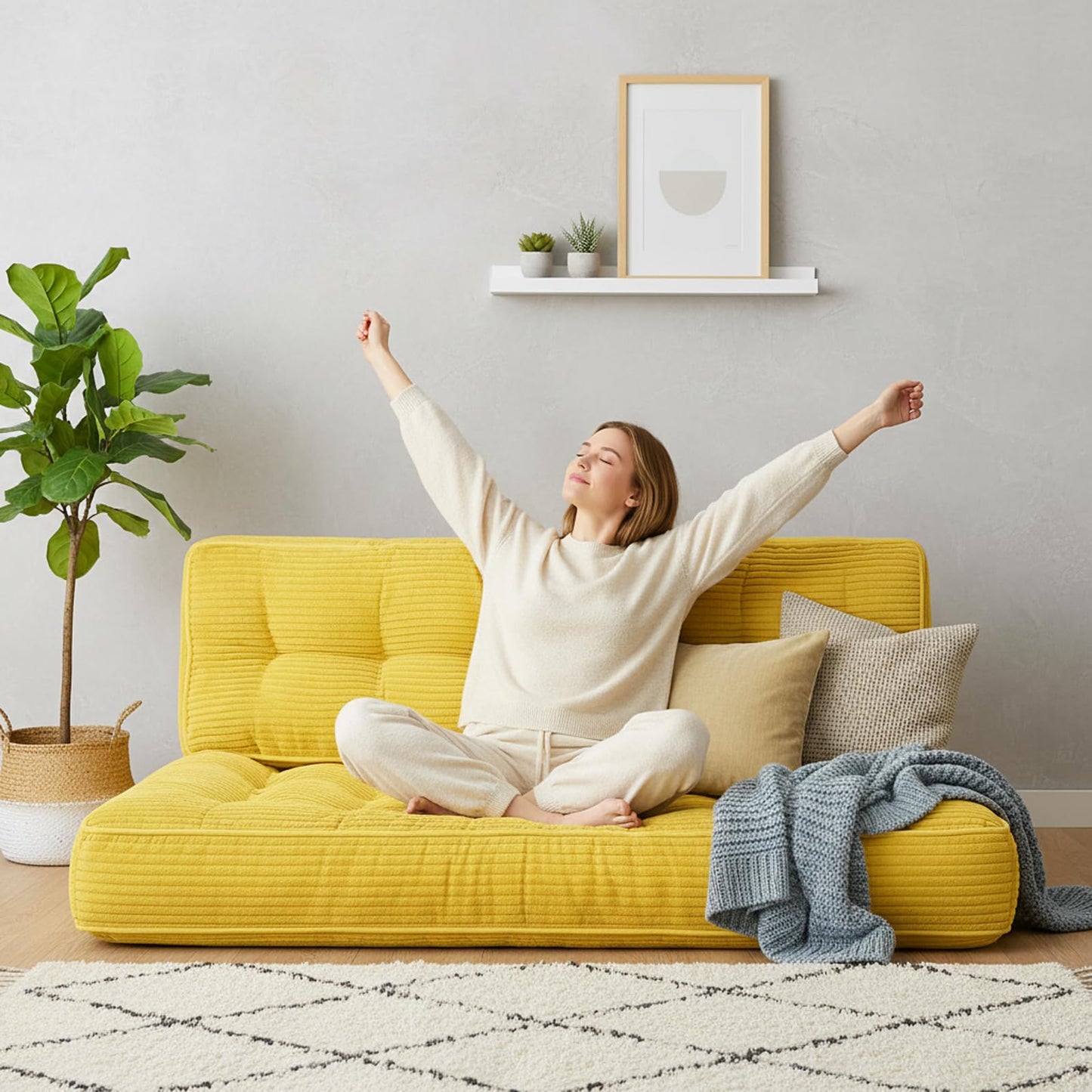 63 Inch Folding Sofa Bed Convertible Chair, 2-in-1 Convertible Boneless Sofa Floor Cushions Couch Mattress Oversized Corduroy Upholstered Sleeper Chair for Living Room Guest Apartment(Yellow)