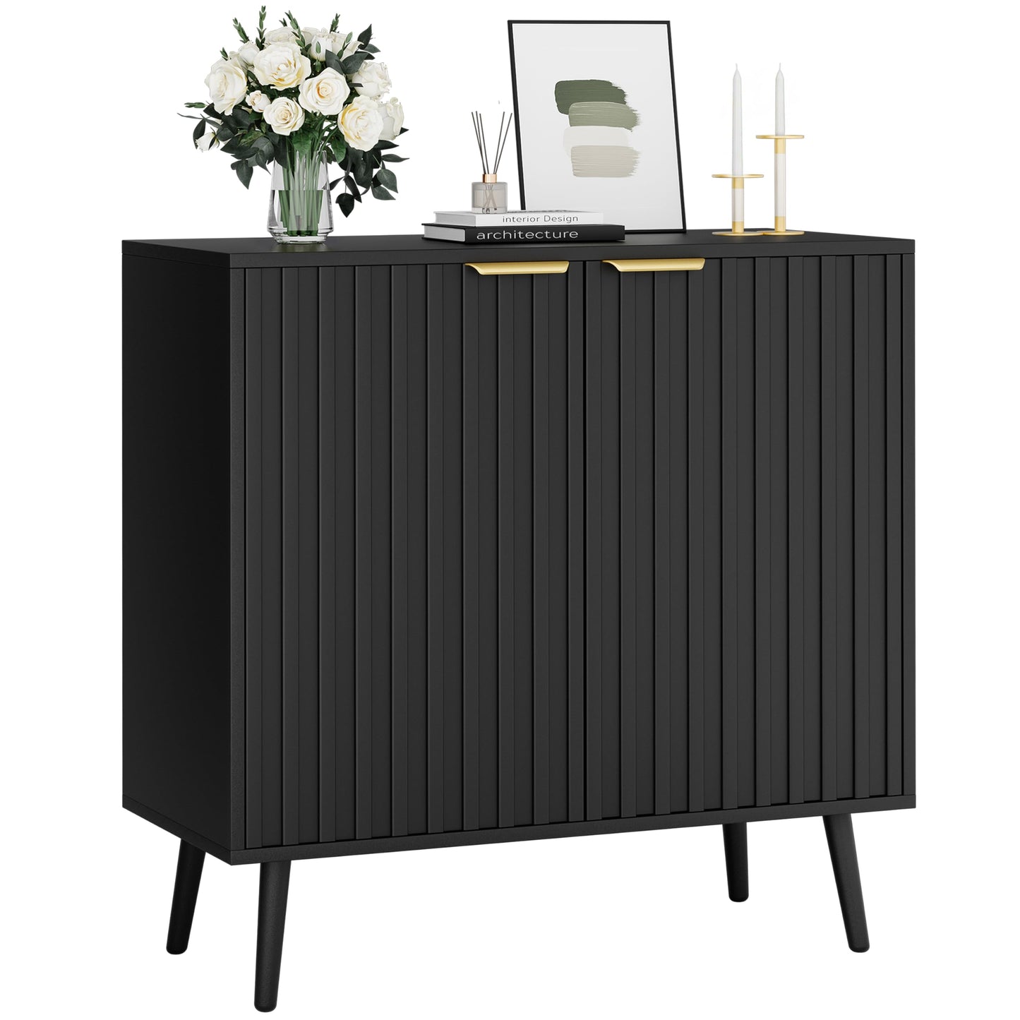 Vrullu Fluted Storage Cabinet, Black Sideboard and Buffet Storage with Adjustable Shelf, Wood Accent Cabinet for Living Room, Hallway, Entryway, Dining Room (1, Black+Gold)
