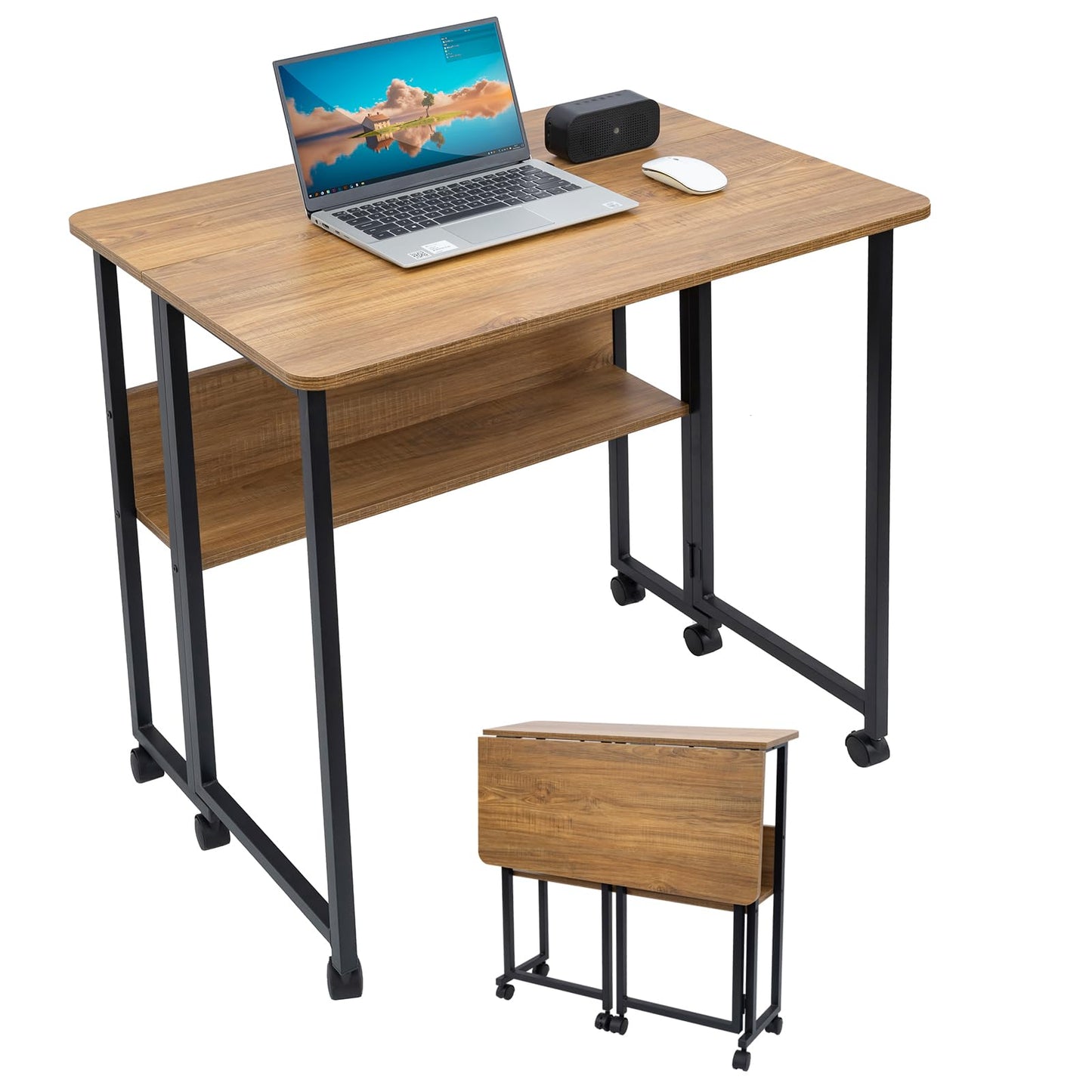 Windpost Mobile Foldable Desk w/ 6 Wheels,Portable Rolling Small Computer Desk w/Storage Shelves, Folding desks for Small Spaces, Computer Table for Home Office Bedroom Living Room-Brown
