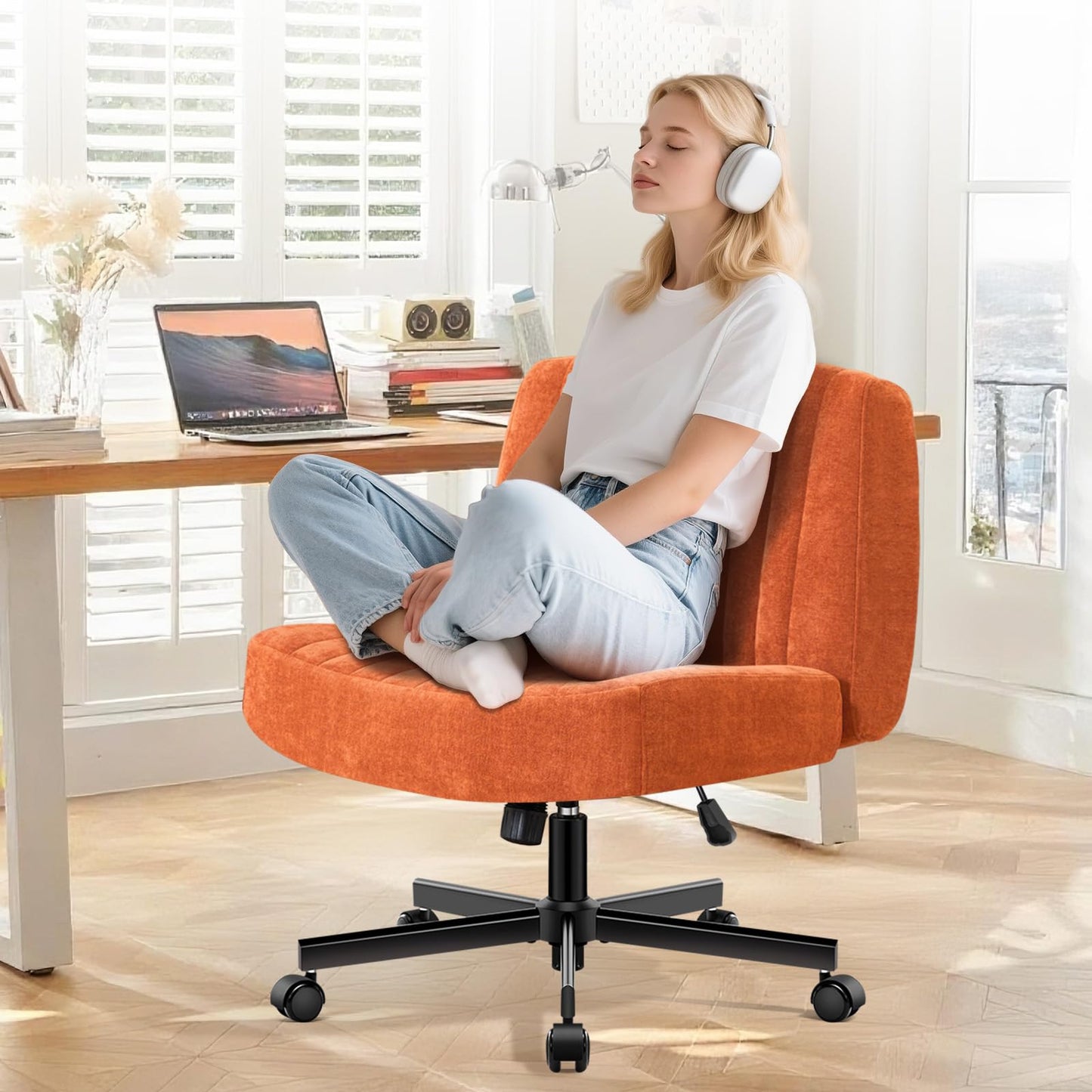 shipborne Convertible Base Criss Cross Chair with Pocket Springs & Thicker and Wider Cushions, Armless Legged Office Chair Relieves Back Pain, Swivel Vanity Chair for Living Room/Office, Orange