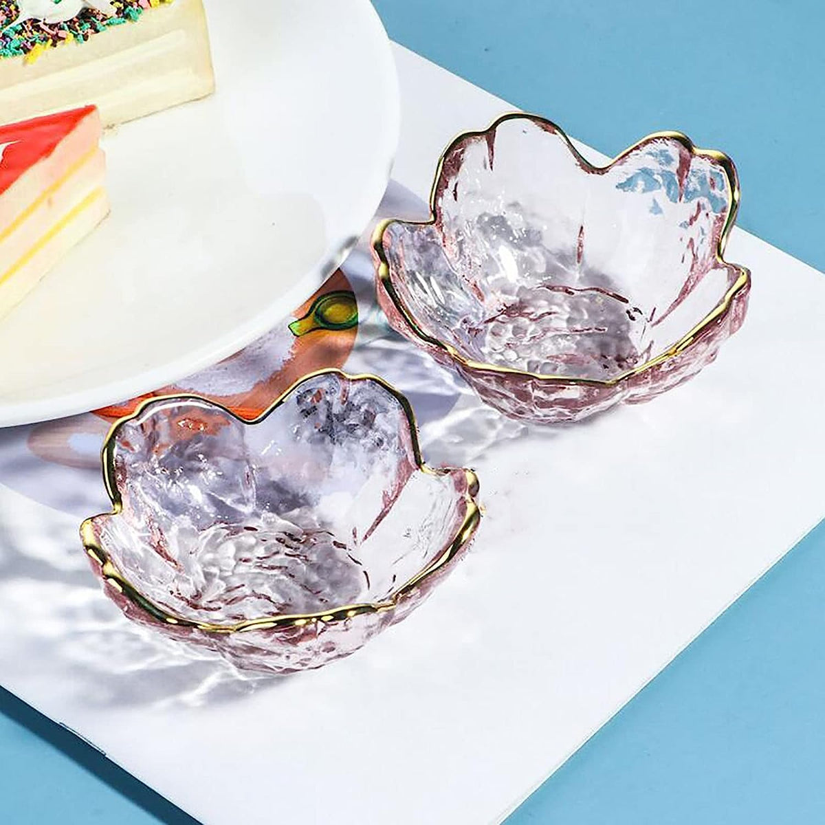 Seasoning bowls with gold rim,6 pcs Pink Cherry Flower Crystal Glass Appetizer Plates dipping bowls Small Glass Dish 3.26*1.42 inch ,6.2oz pink glass plates mini for charcuterie board (Phnom Penh)