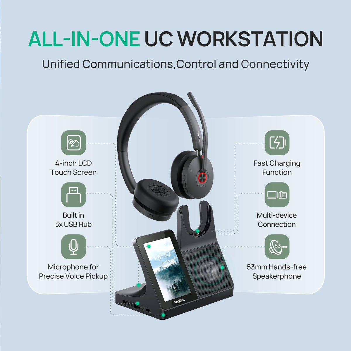Yealink WH68 Workstation DECT Wireless Headset with 4" Touch Screen,4 Mic Hybrid ANC, 606ft Range,All in One Workstation with Speaker,3X USB Hub Office Headset for Desk Phone,Computer,Cellphone