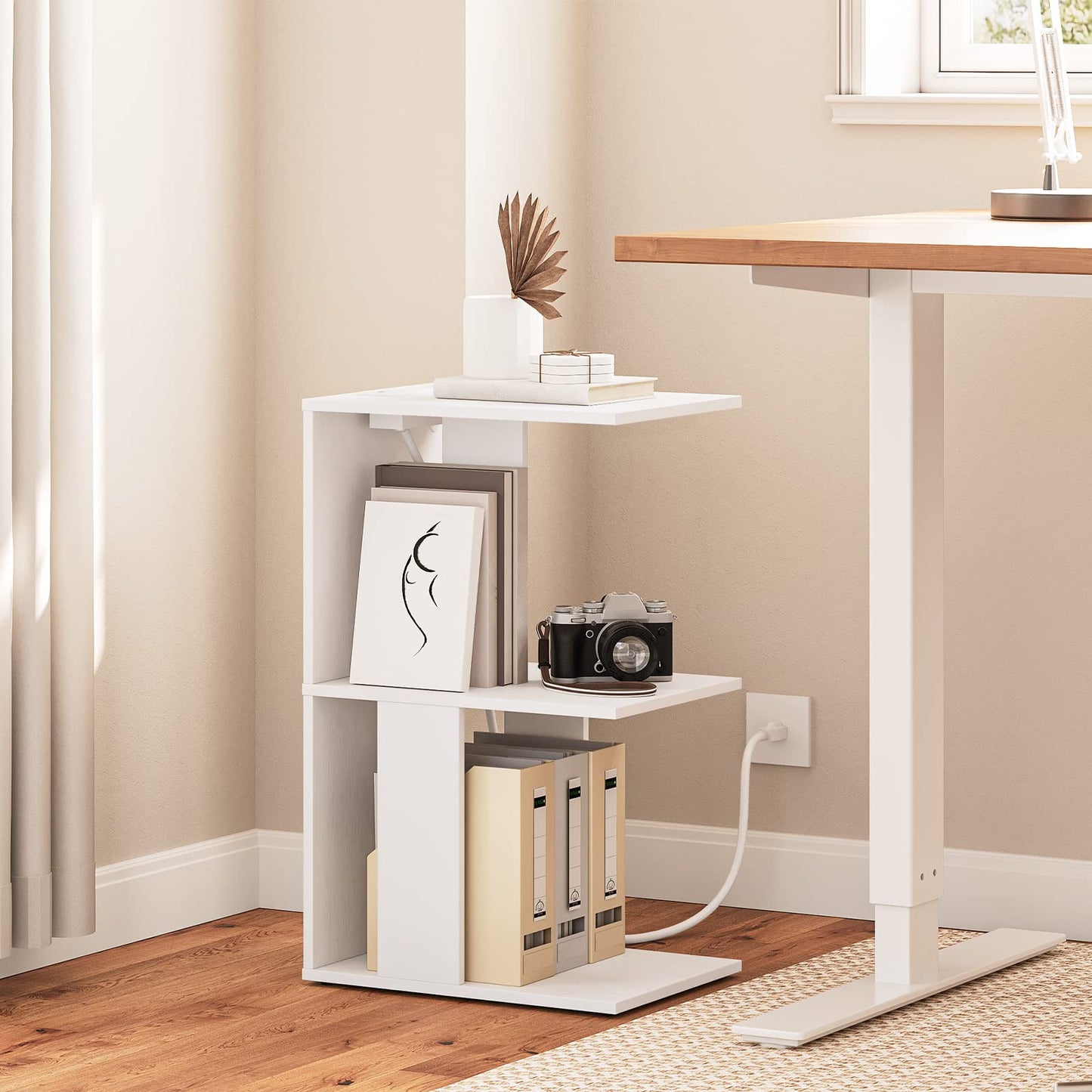 MAHANCRIS End Table with Charging Station, C-Shaped Narrow Side Table, White Nightstand with Storage, Narrow Bedside Table for Small Spaces, End Tables Living Room, Bedroom, Easy Assembly, ETWT18E01Z