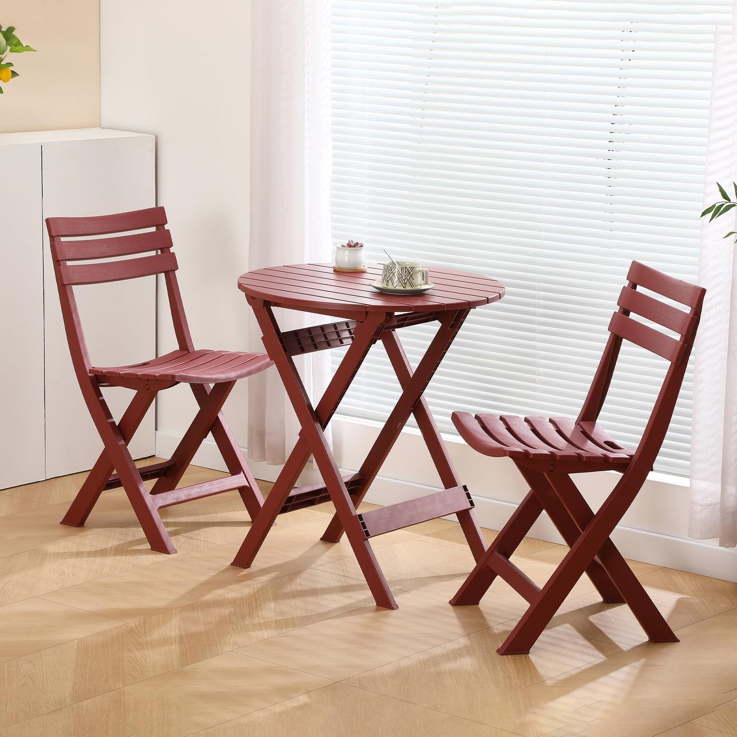 KAIHAOWIN Folding Bistro Set Foldable Outdoor Cafe Table and Chairs for 2 Small Furniture 3-Piece Porch Backyard Balcony Garden Patio-Red