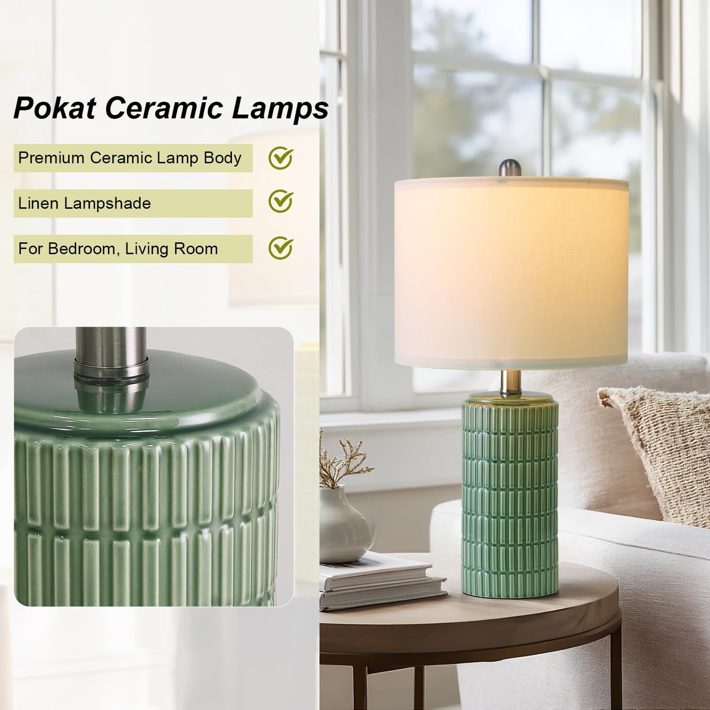 PoKat 20.75" Small Modern Ceramic Table Lamps Set of 2 for Bedroom, Green Bedside Lamps for Night Stands, Farmhouse House Decor Nightstand Table Lamps for Living Room End Table Green