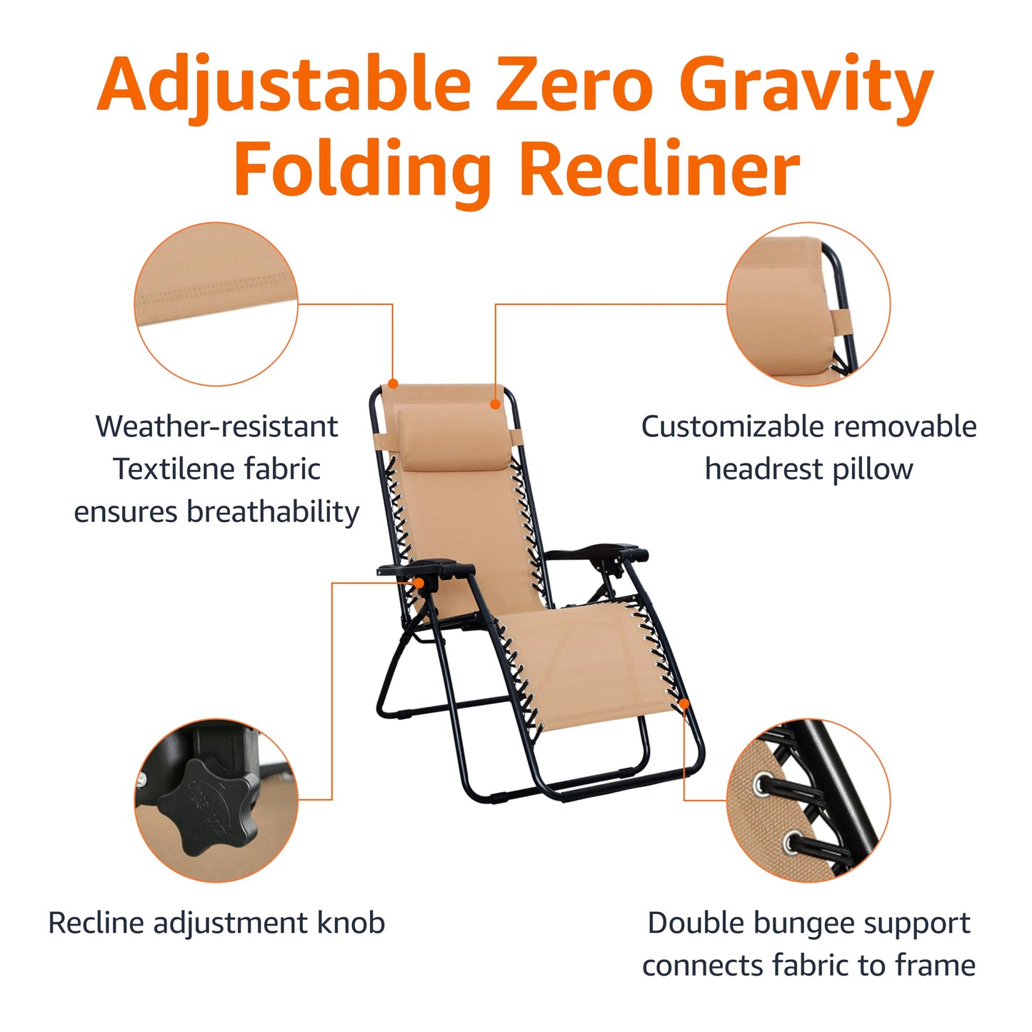 Amazon Basics Zero Gravity Lounge Chair with Pillow, Foldable Outdoor Reclining Chair for Patio and Beach, Weather-Resistant Textilene, 300 lb Capacity, 26", Beige