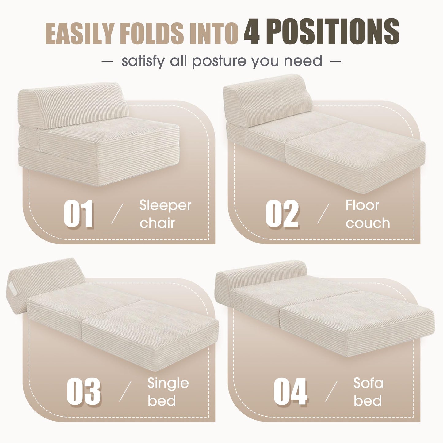 Kasunpul Folding Sofa Bed with Pillow, Memory Foam Fold Out Chair Bed, Convertible Sleeper Chair with Washable Cover, Futon Floor Couch for Living Room/Dorm/Guest Use/Home Office/Apartment, Beige
