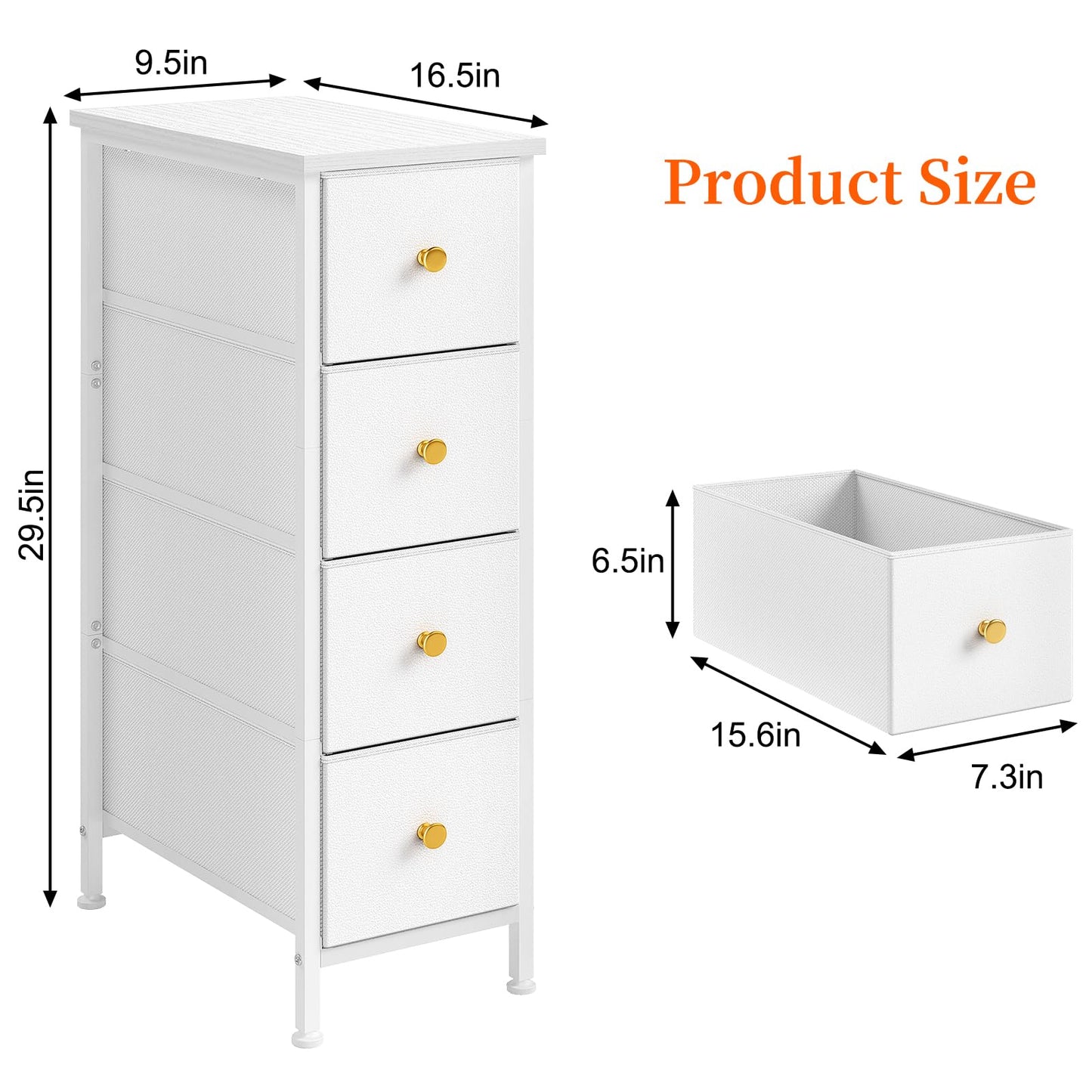 Fixwal Narrow Storage Cabinet, Narrow Nightstand Dresser with 4 Drawers, Slim Fabric Dresser Storage Tower for Small Spaces, White Dresser, for Bedroom, Bathroom, Laundry, Closet