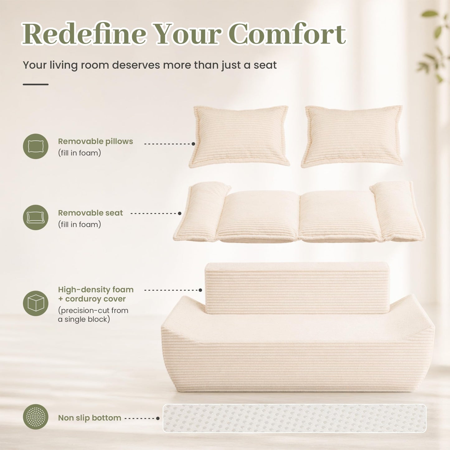 JUIKURY 55" Convertible Corduroy Sofa Bed, Boneless Foldable Loveseat Sleeper Couch, Compressed Foam Floor Sofa with Removable Cushions & Pillows for Small Space Living Room