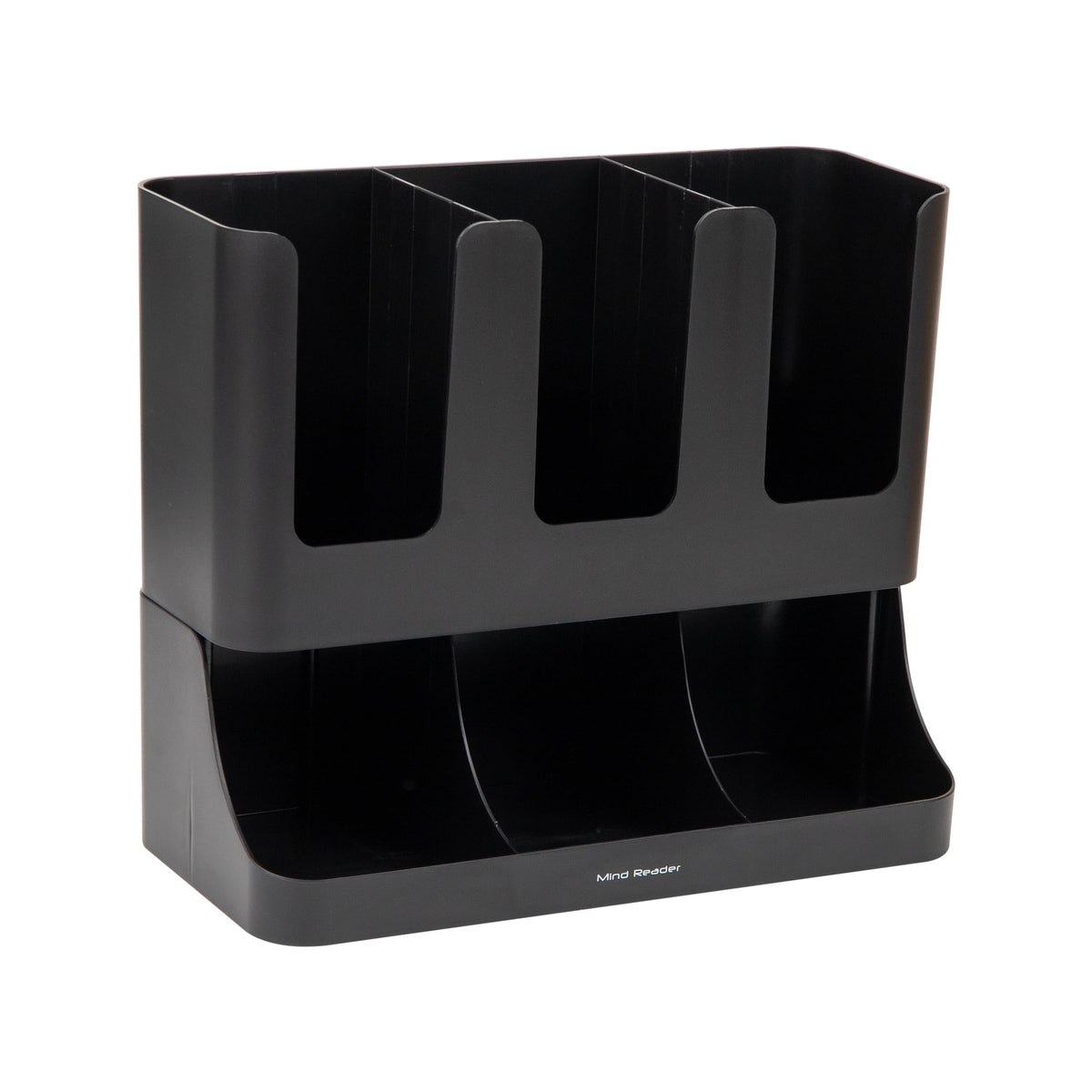 Mind Reader Condiment Station, 13 Inch Countertop Coffee Bar Organizer with 6 Compartments, Storage Caddy for Cups, Lids and Packets, Plastic, Black