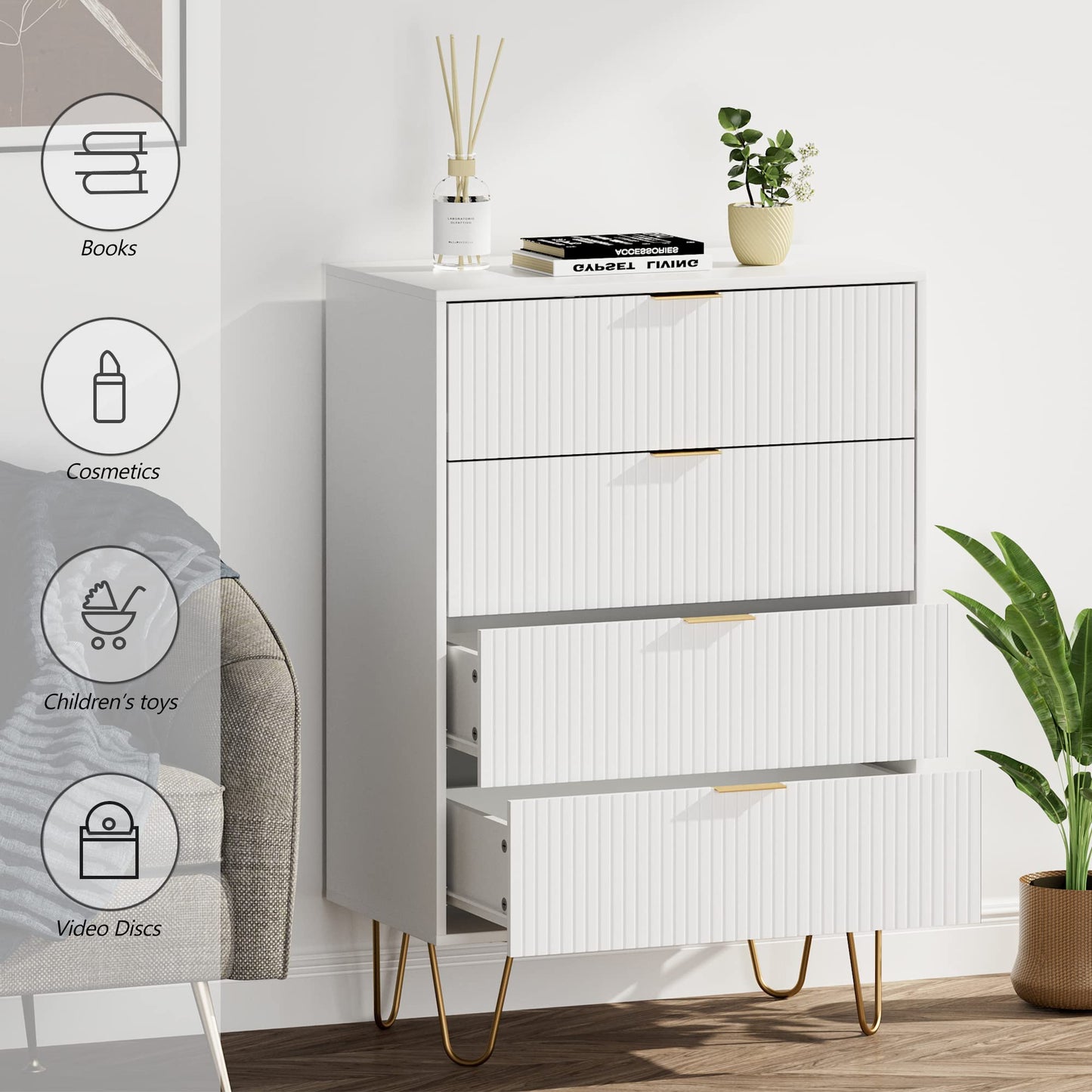 Masupu 4 Drawer Dresser, Drawer Chest, Tall Storage Chest Cabinet Organizer Unit with Metal Legs, Small Dresser for Bedroom, Living Room, Closet, Hallway White Stripe