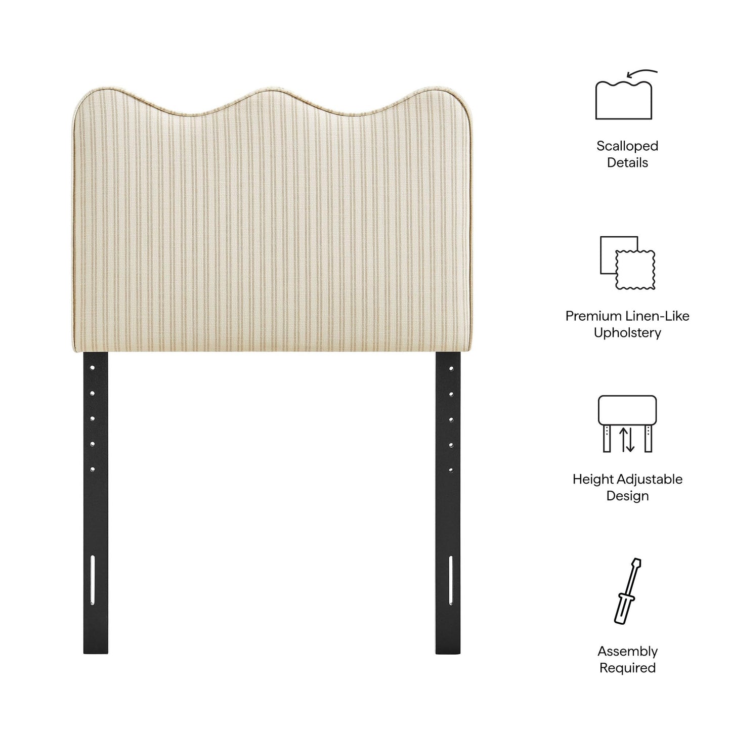Monday Athena Striped Fabric Upholstered Twin Size Adjustable Headboard in Oatmeal Stripe - with Scalloped Wave Design and Soft Linen-Like Fabric
