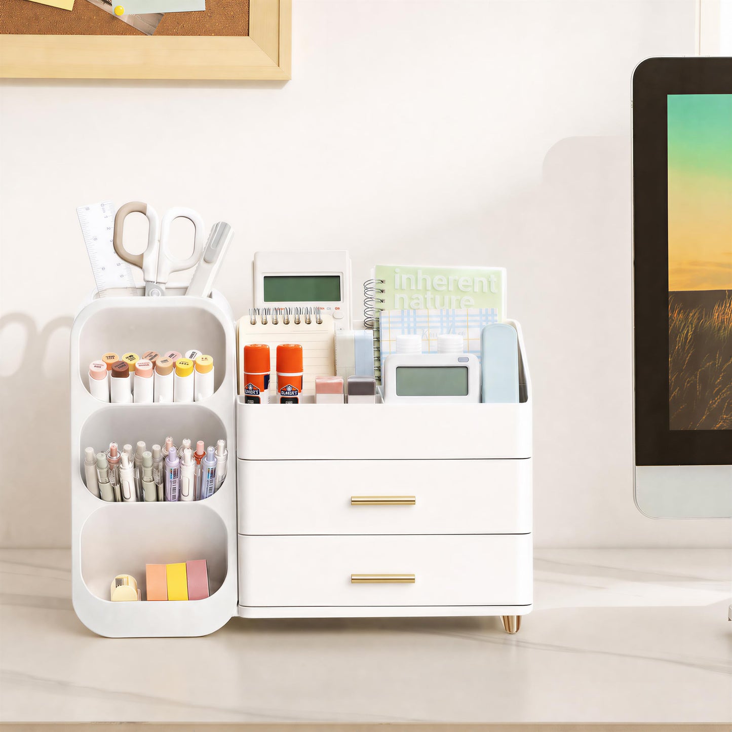 HBlife Desk Organizer with Pen Pencil Holder for Desk, Pen Organizer with 2 Drawers, Desk Organizers and Accessories with 4 Compartments, Desktop Storage for Office Home School Art Supplies, All White