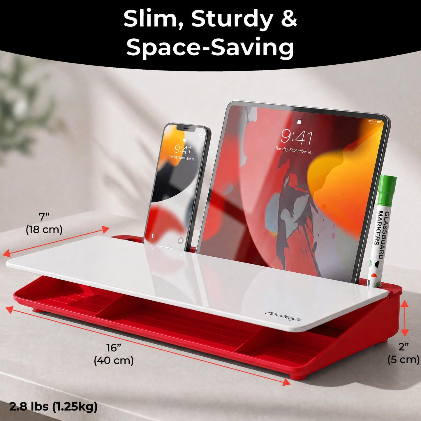 Chalkola Red/White Glass Desktop Whiteboard with Storage - Dry Erase Board, Work Desk Organizers, Computer Keyboard Stand, Home Office Desk Accessories, Workspace Desktop Buddy