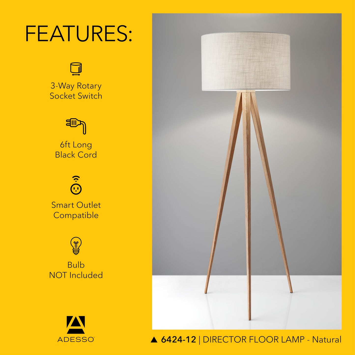 Adesso Floor Lamp with Natural Oak Veneer and Off-White Fabric Lampshade – 3-Way Adjustable Brightness, Lamp for Bedroom, Living Room, and House Décor, 60.25” x 21”