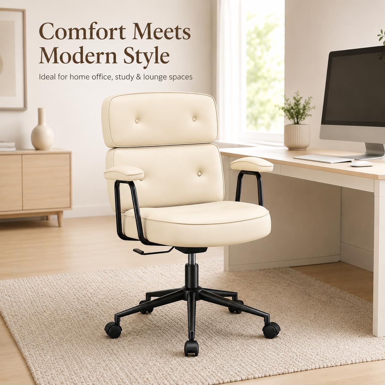 Ergonomic Home Office Desk Chair, PU Leather Computer Chair with Lumbar Support, Adjustable Height, 360° Swivel Rolling Wheels, Executive Task Chair for Office, Gaming, Meeting Room, Beige