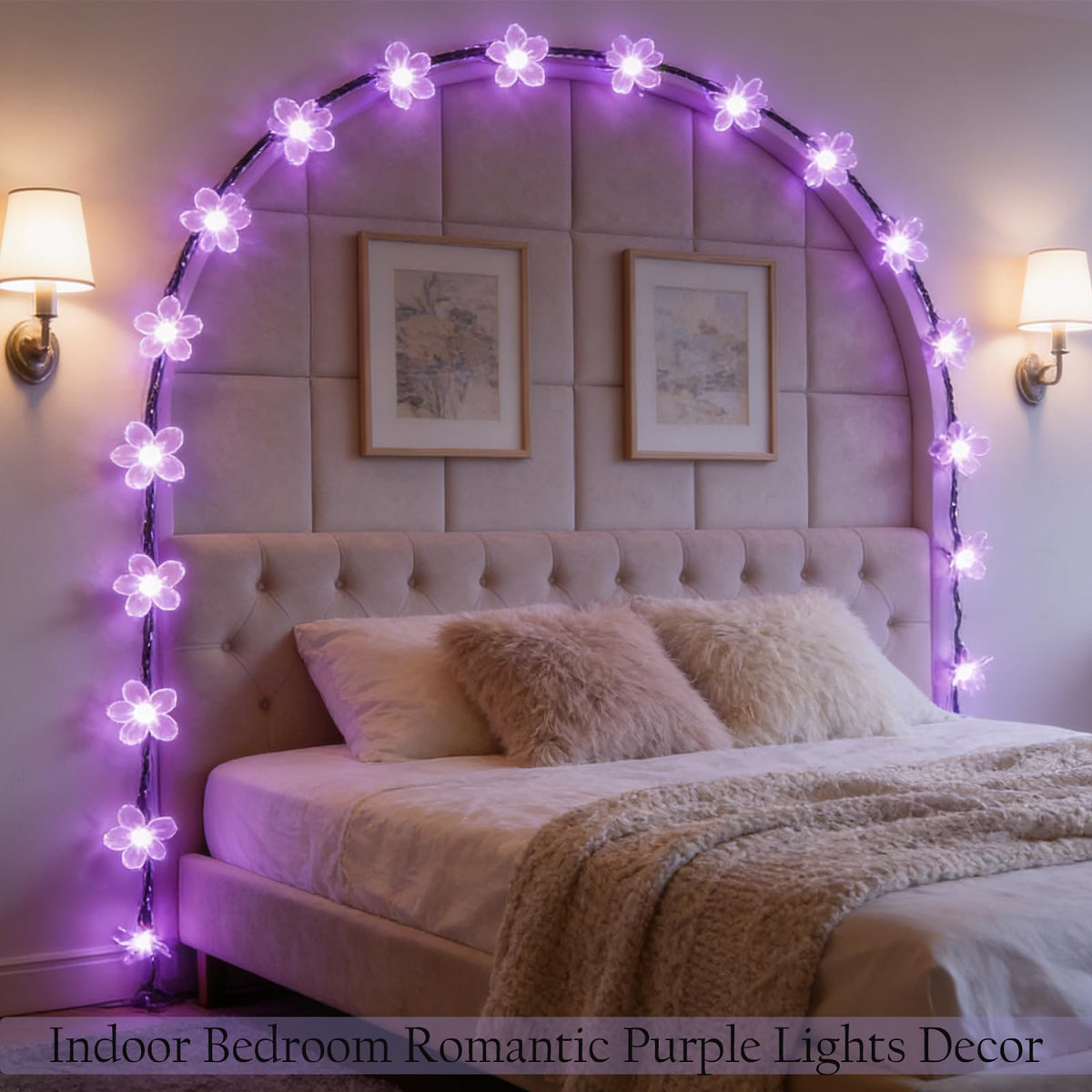 Purple Flower Fairy String Lights on Black Wire, Plug in Connectable 33FT 100 LED Waterproof with 8 Modes for Indoor Outdoor Christmas, Valentine's Day, Wedding Party & Patio Balcony Ambiance