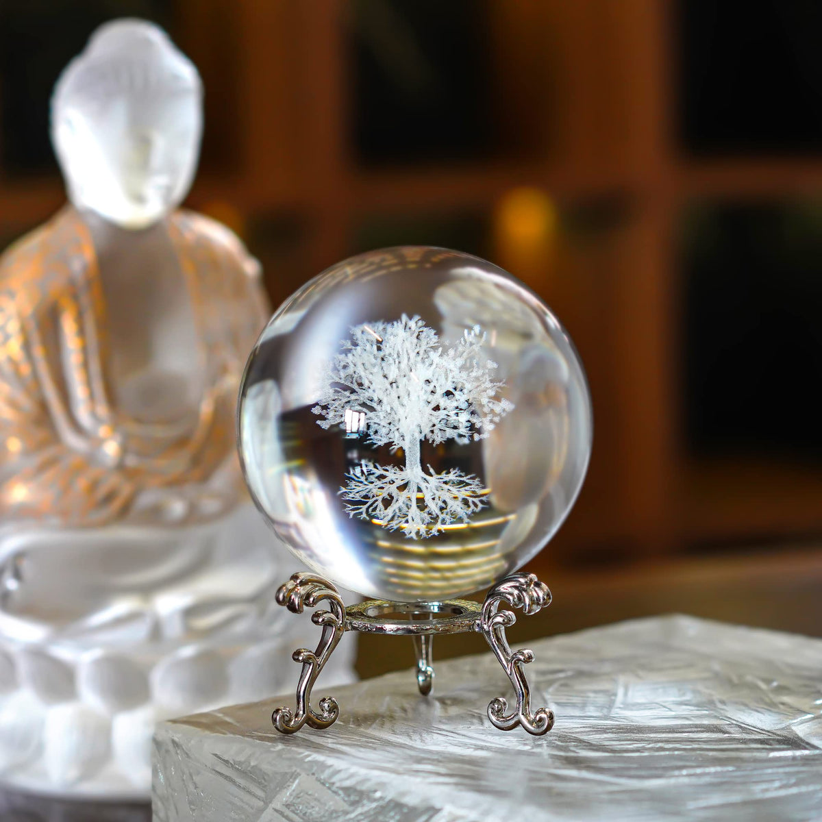 H&D Hyaline & Dora 70mm Tree of Life Clear Crystal Ball with Stand, K9 Glass Decorative Crystal Ball, 3D Laser Fengshui Home Decoration