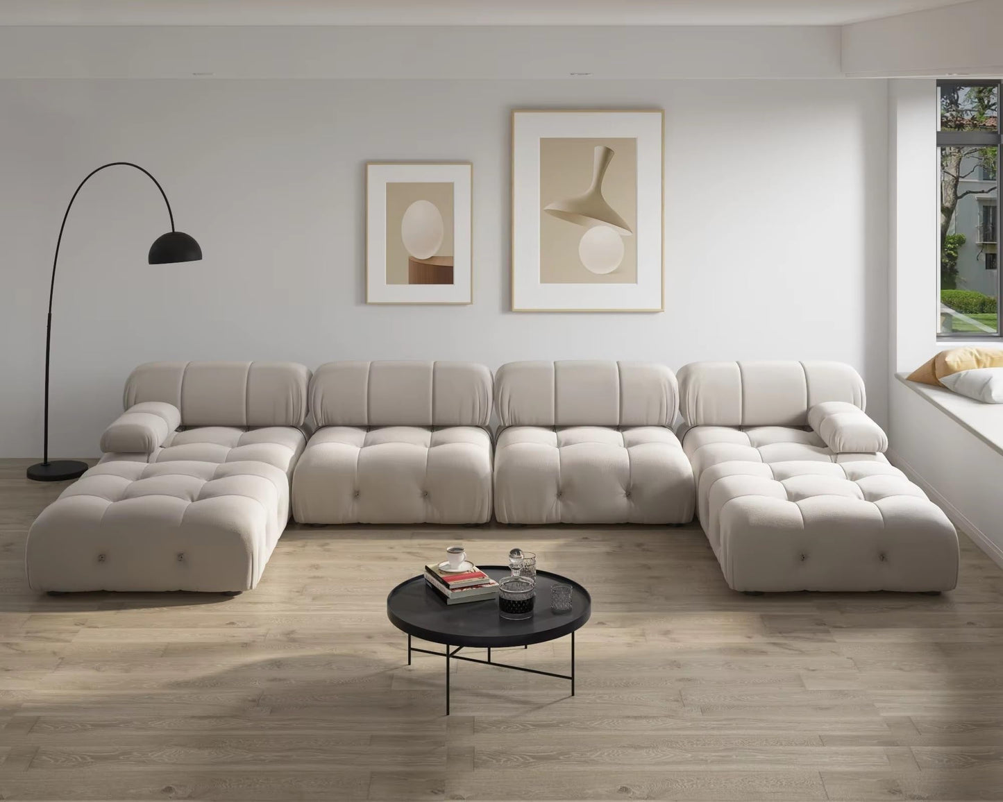 DUYHBAWRS Luxury 6-Seat Couch Modern Sectional Sofas Living Room U-Shaped Minimalist Velvet Fabric Large Beige Sofa Couches Chaise Ottomans for Household，Business，Parlour，Lobby, Reception Room(Black)