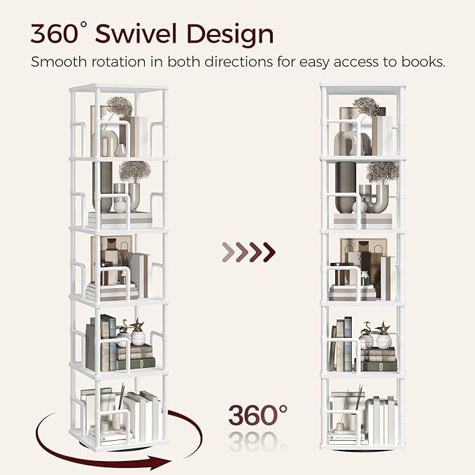 MAHANCRIS 5-Tier Rotating Bookshelf, Freestanding Corner Bookshelf, 360°