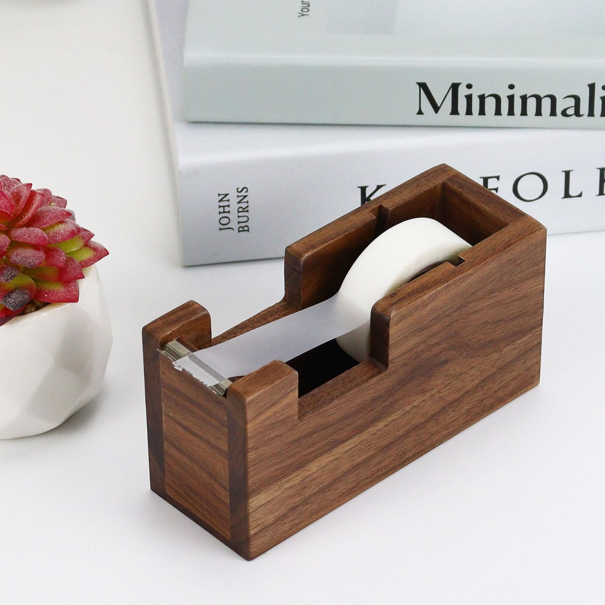 Buqoo Wood Desk Tape Dispenser Natural Walnut Wood Tape Desk Dispenser Cute Packing Tape Dispenser Sturdy and Stylish Adhesive Tape Holder for Office and Home Use (Black Walnut)