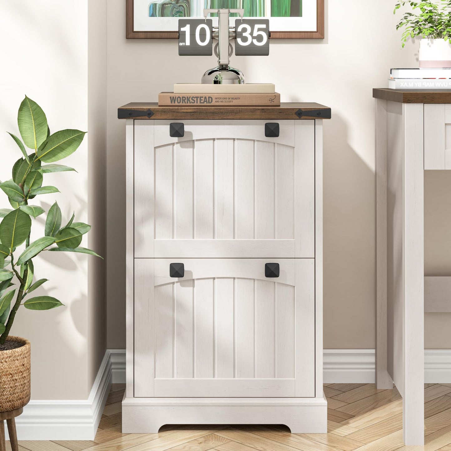 Halitaa 2 Drawer Small File Cabinet, Farmhouse Vertical Filing Cabinet Fits Letter and A4 Size, Under Desk Wooden File Cabinets for Home Office, Printer Stand, Rustic White
