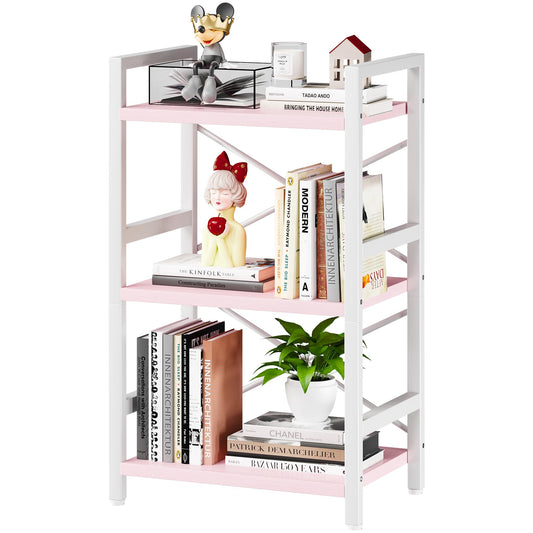 Homeiju Pink Bookshelf, 3 Tier Industrial Bookcase, Metal Small Bookcase, Rustic Etagere Book Shelf Storage Organizer for Living Room, Bedroom, and Home Office(Pink) Patent Pending D29873033